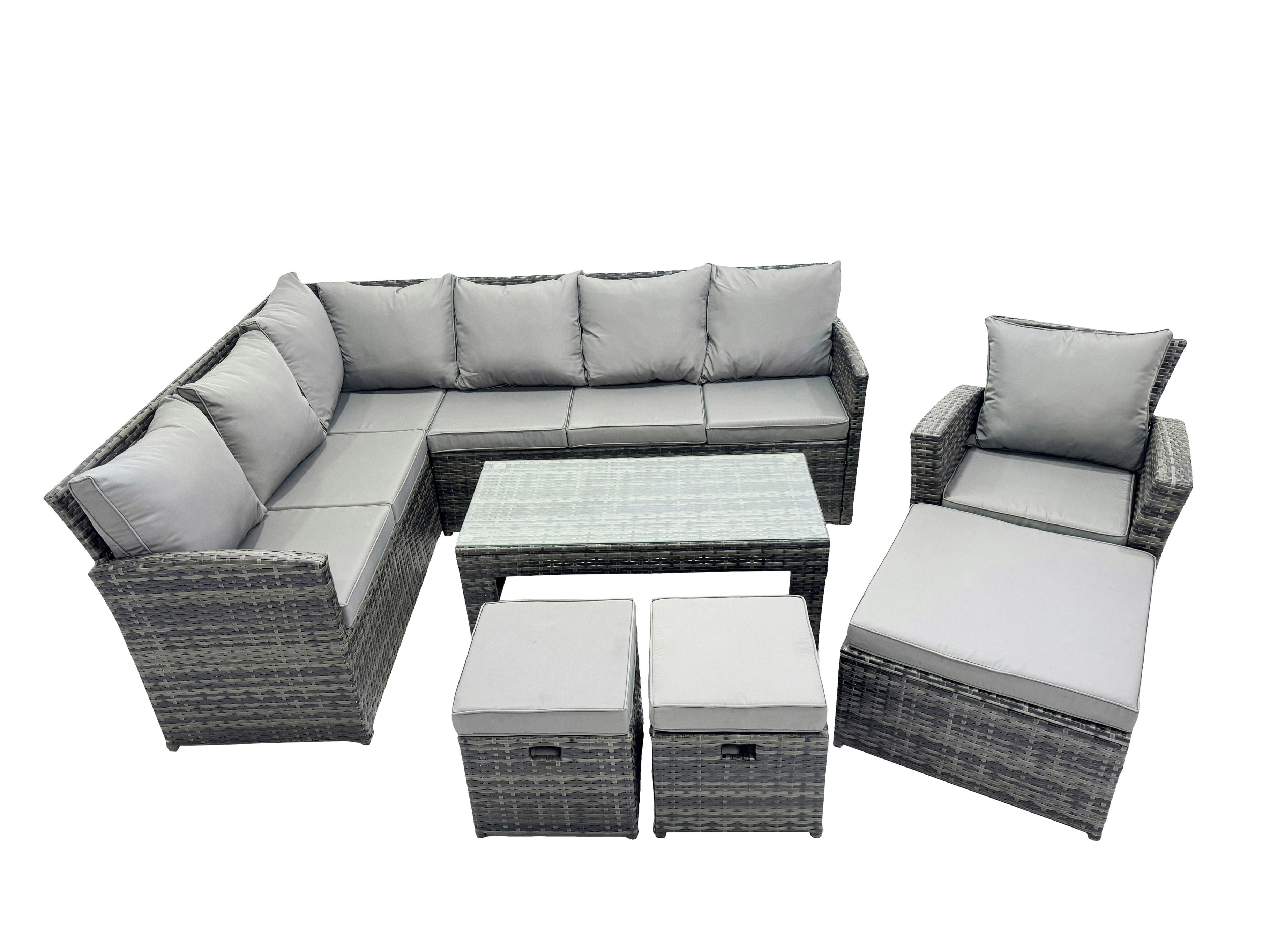 Fimous Dark/Grey 10 Seat Poly Rattan Outdoor Patio Oblong Coffee Table Corner Sofa Set With 3 Stool Chair For Garden Backyard Mixed