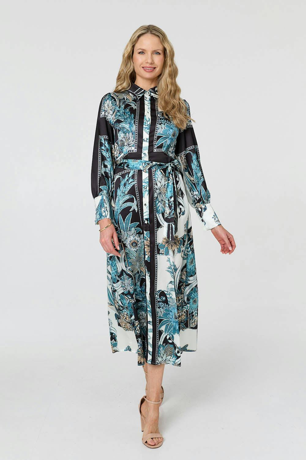 Izabel London Black Printed Long Sleeve Tie Shirt Maxi Dress - 16