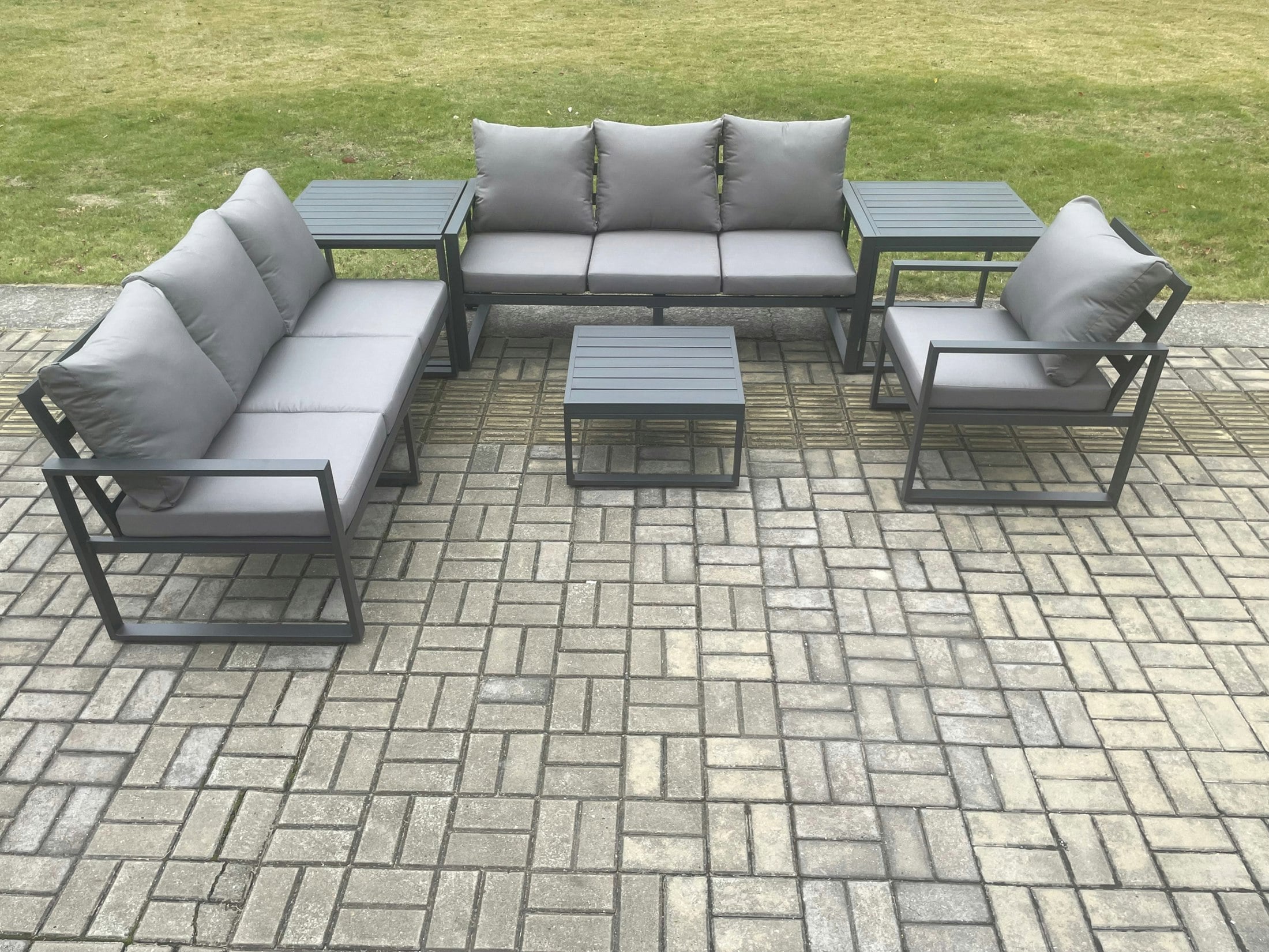 Rackhams Dark/Grey Aluminium 7 Seater Outdoor Garden Furniture Lounge Sofa Set With Square Coffee Table Chair 2 Side Table
