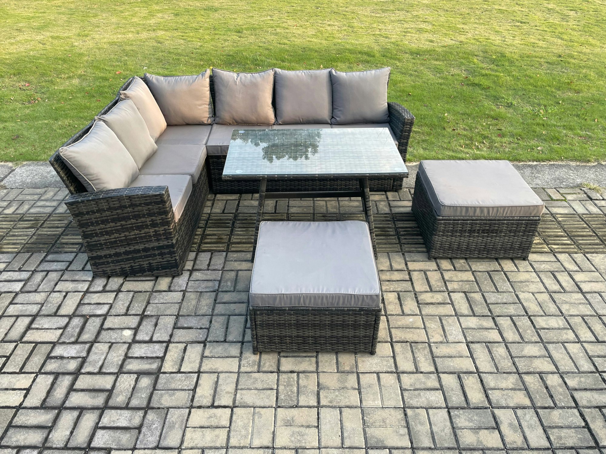 Rackhams Dark/Grey High Back Outdoor Garden Furniture Set Rattan Corner Sofa Dining Table Set With 2 Big Footstool 8 Seater Mixed
