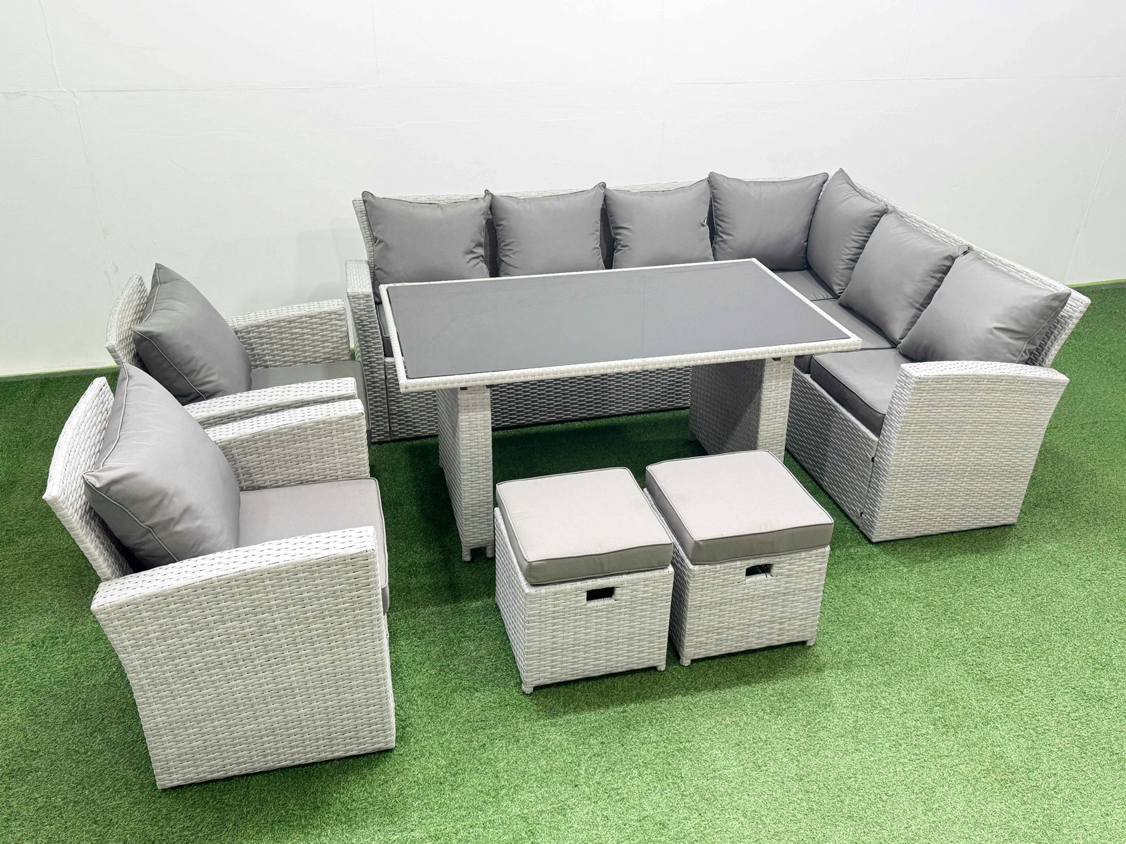 Rackhams Light/Grey Outdoor Garden Furniture Sets 10 Seater Wicker Rattan Corner Sofa Sets With Rectangular Dining Table Lounge Sofa 2 Small Footstools