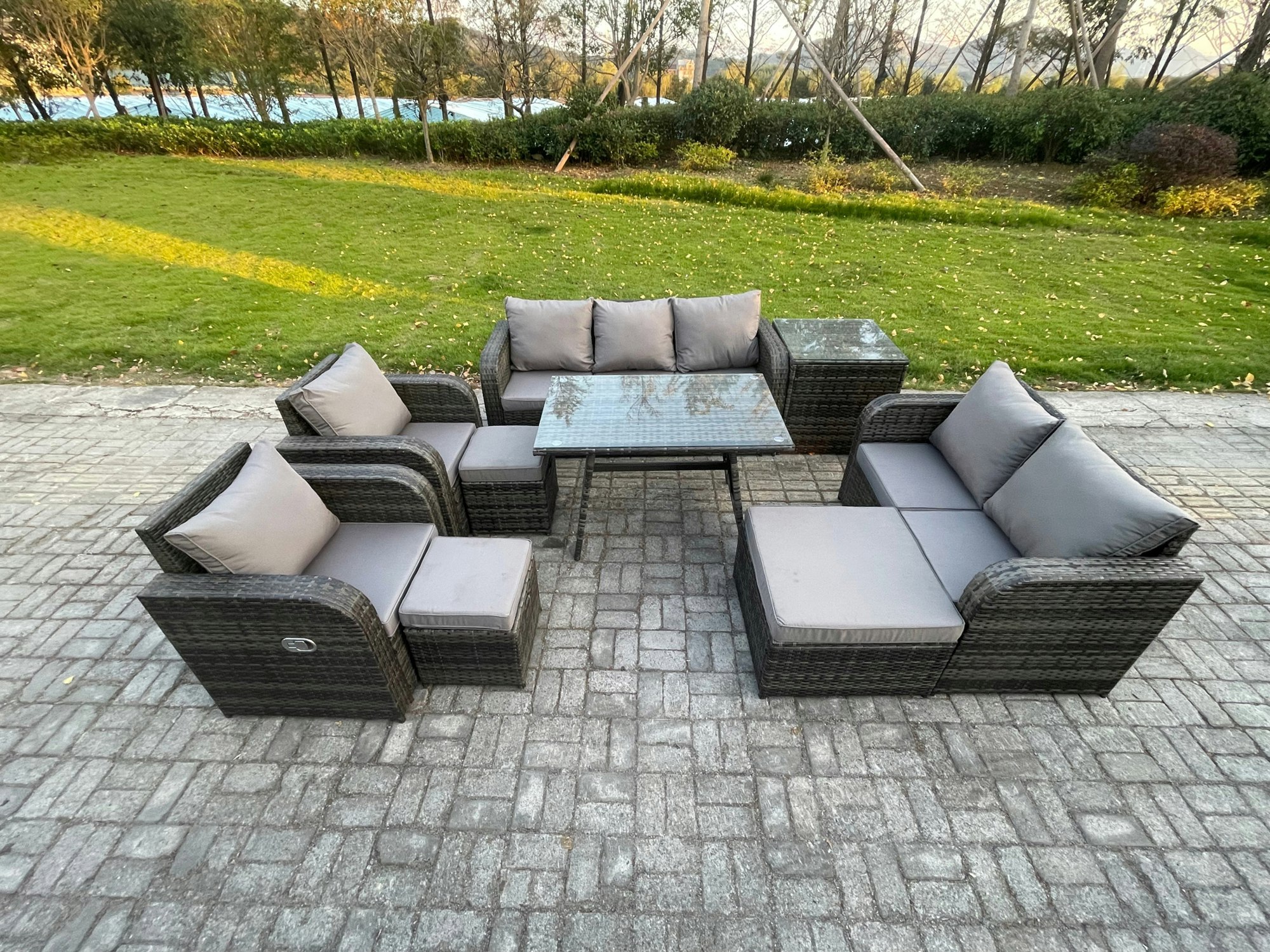 Rackhams Dark/Grey Outdoor Rattan Garden Furniture Set 10 Seater Patio Lounge Sofa Set With Dining Table 3 Footstools Side Table Mixed