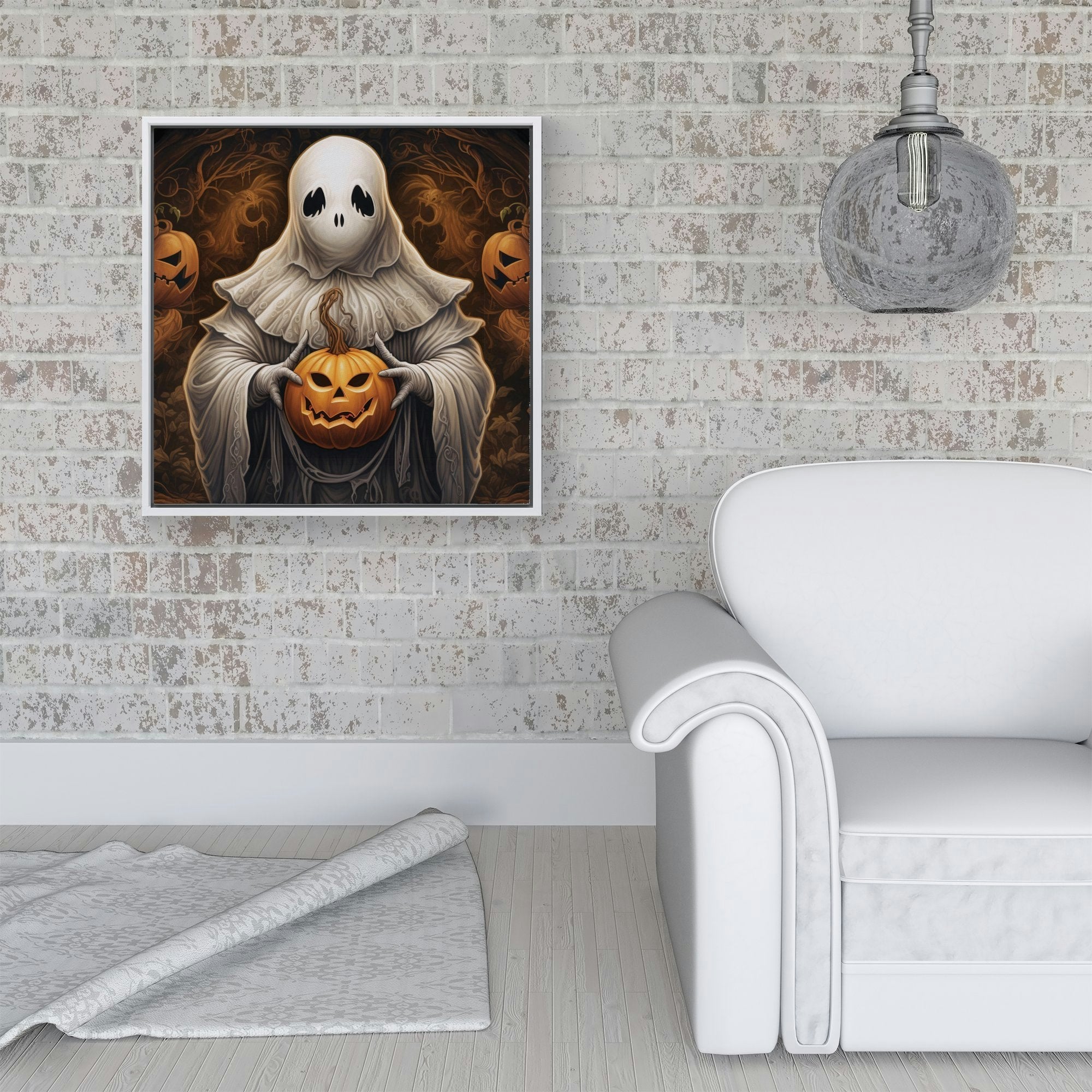 Warren Reed White Spooky Ghost Holding Pumpkin Framed Canvas - 16" X 16"