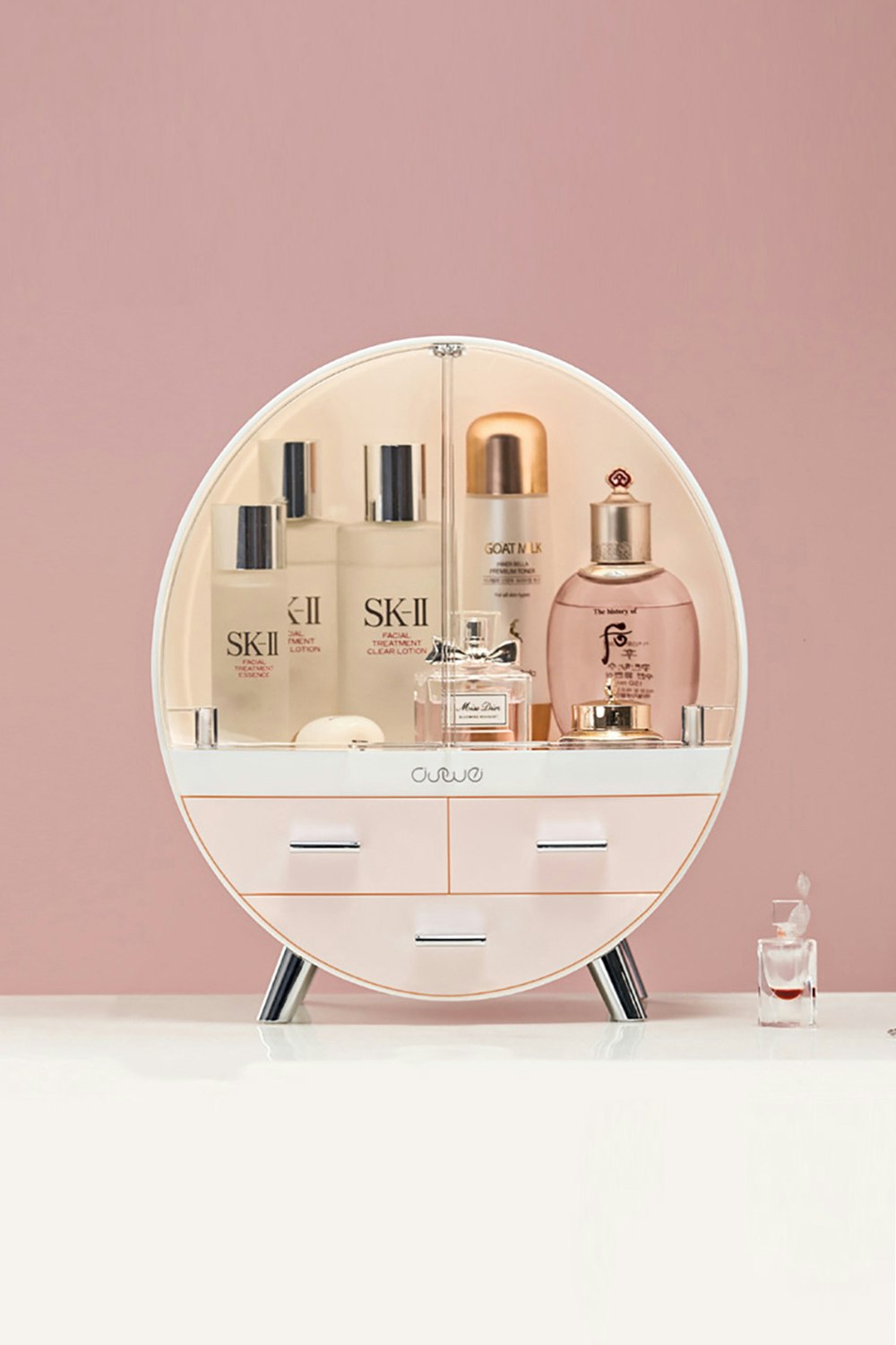 Living And Home Pink Dustproof Round Cosmetic Storage Box Desktop Organzier