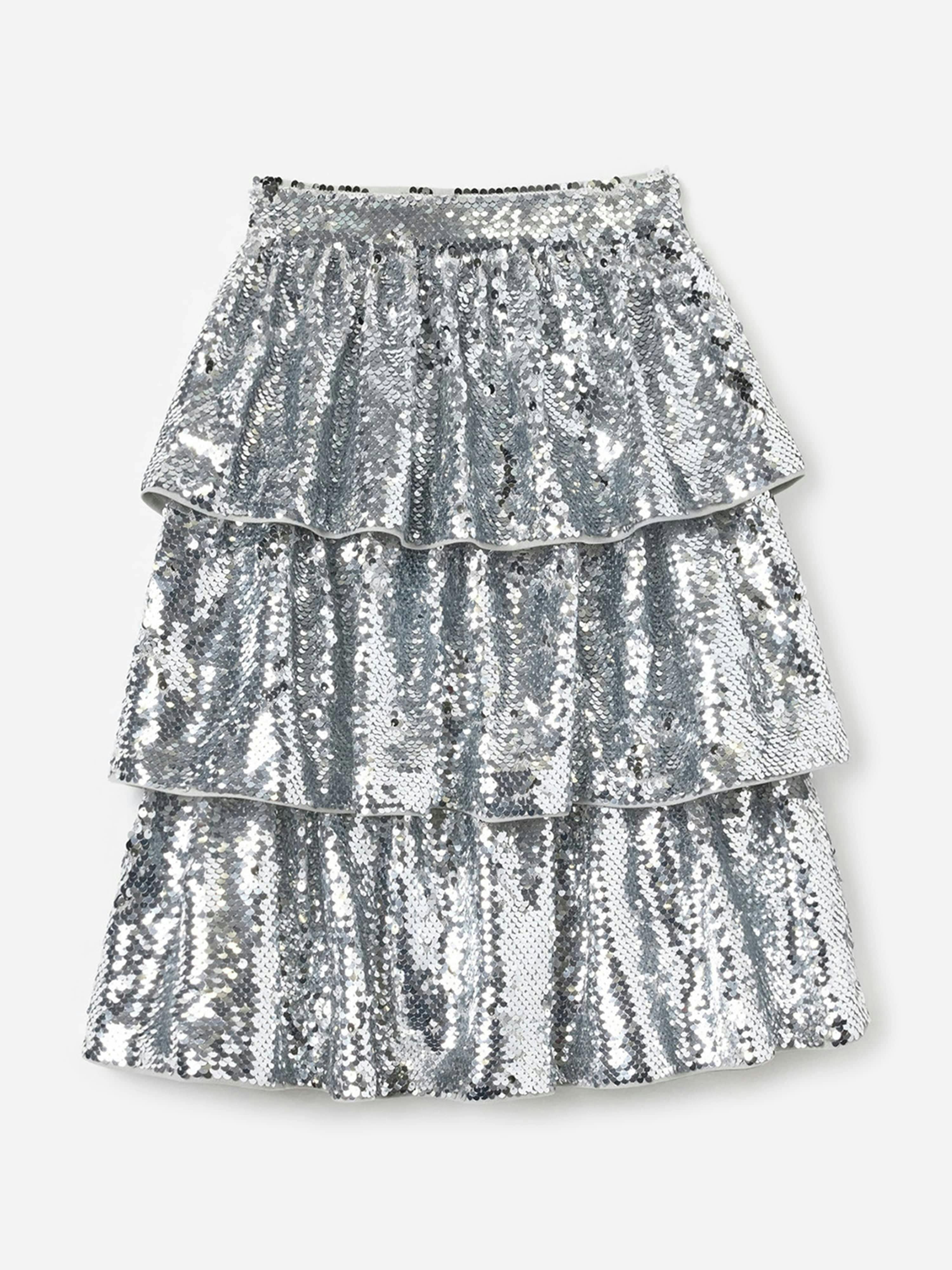 Self Portrait Girls Silver Sequin Tiered Skirt In - 10 - 12 Yrs
