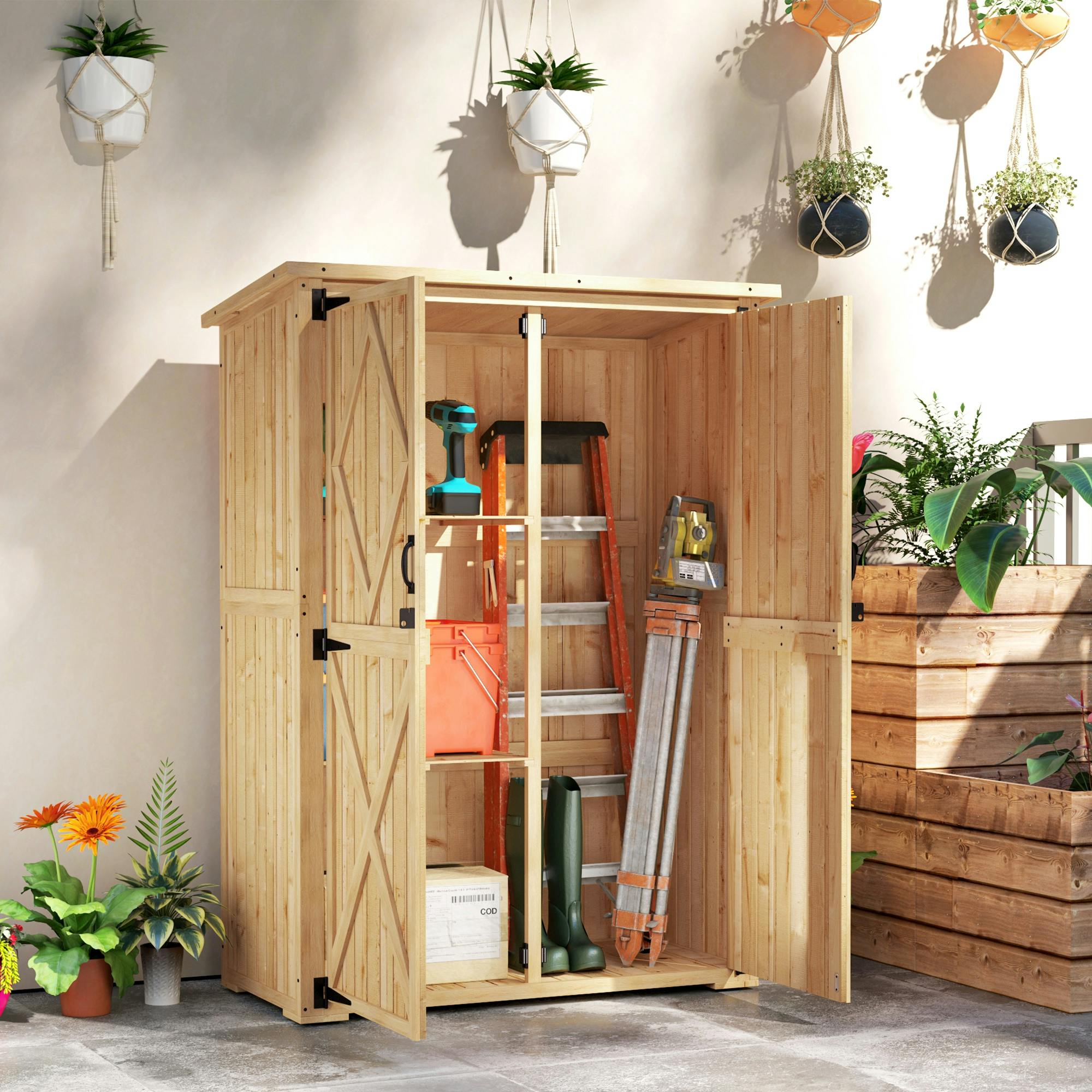 Outsunny Wooden Tool Storage Cabinet With Double Doors, Natural