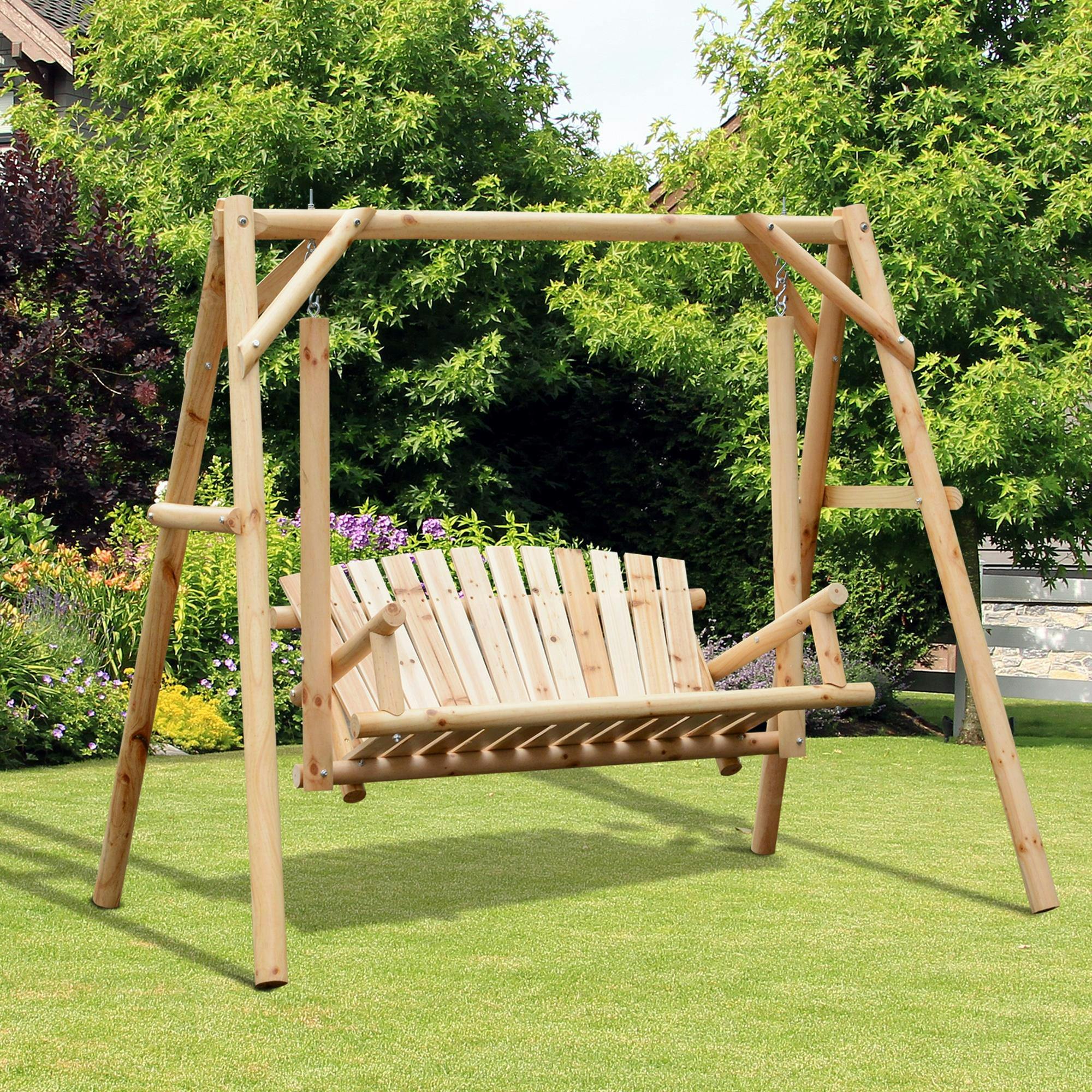 Outsunny Outdoor 2 Seater Porch Swing Wooden Rustic Patio Bench W/ Armrest - Image 3