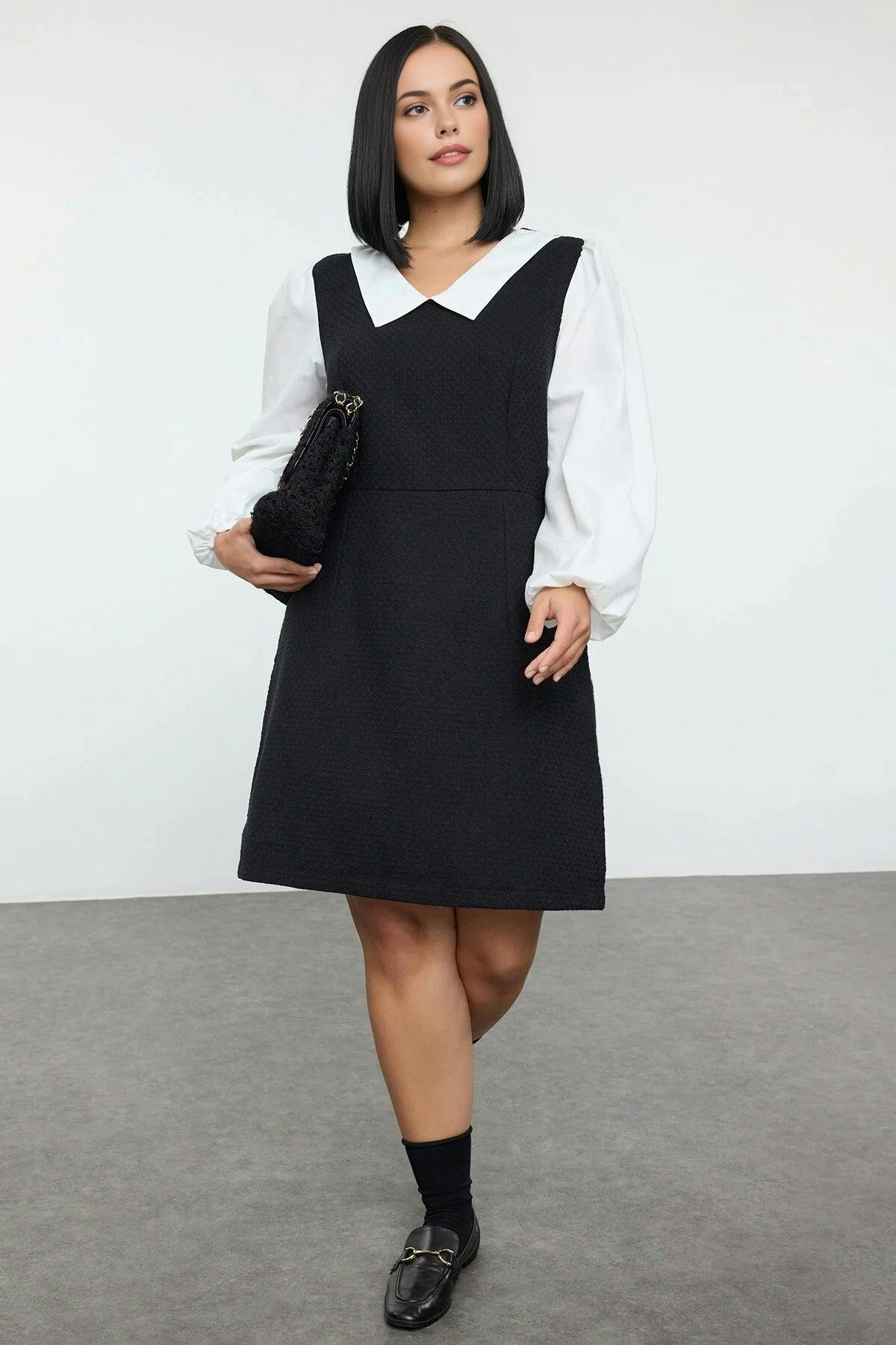 Wovcor Black Shirt Collar Tweed Woven Plus Size Dress - 18