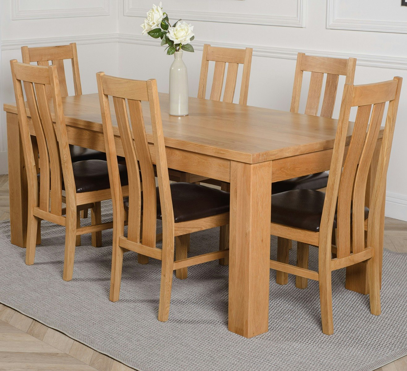 Rackhams Light/Grain/Brown Dakota Large Oak Dining Table With Princeton Oak Chairs - Natural Oak - 6 Chairs