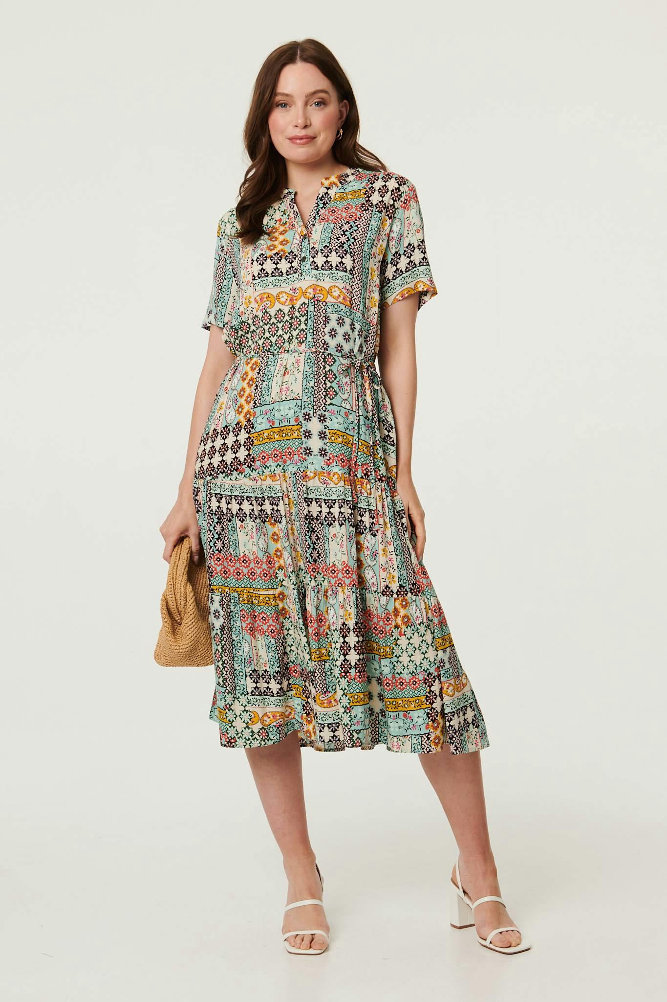 Izabel London Abstract Short Sleeve Tie Midi Dress - 18 - Sage