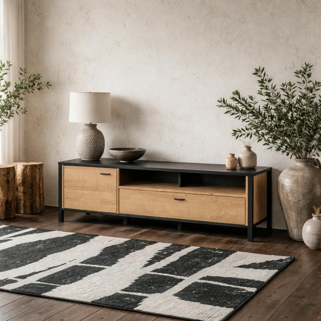 Wyld Haus Black Egtved And Natural Oak Wood Effect Tv Unit 1 Door 1 Drawer