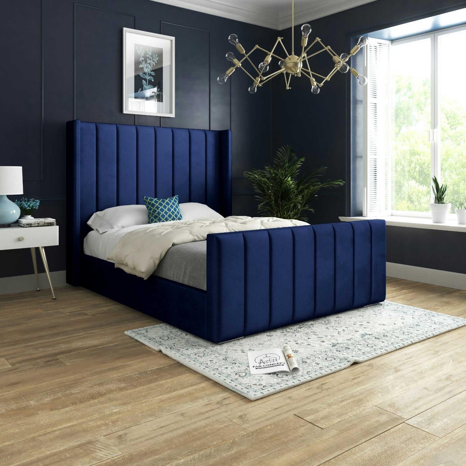 Casa Magna Blue Romano Straight Winged Upholstered Soft Velvet Bed Frame - King
