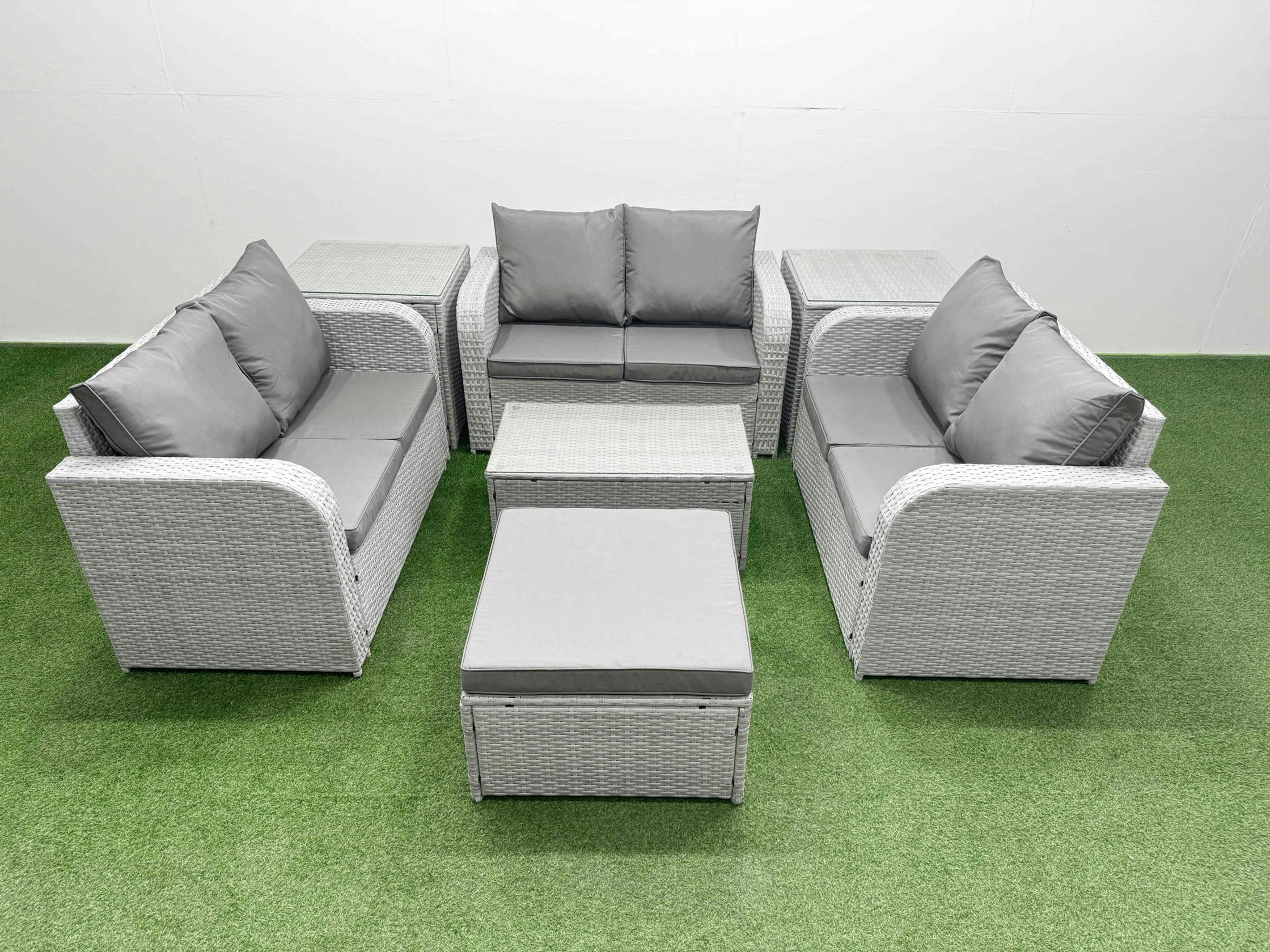 Fimous Light/Grey 8 Seater Pe Wicker Rattan Furniture Sofa Sets With Rectangular Coffee Table 2 Seater Love Sofa 2 Stool