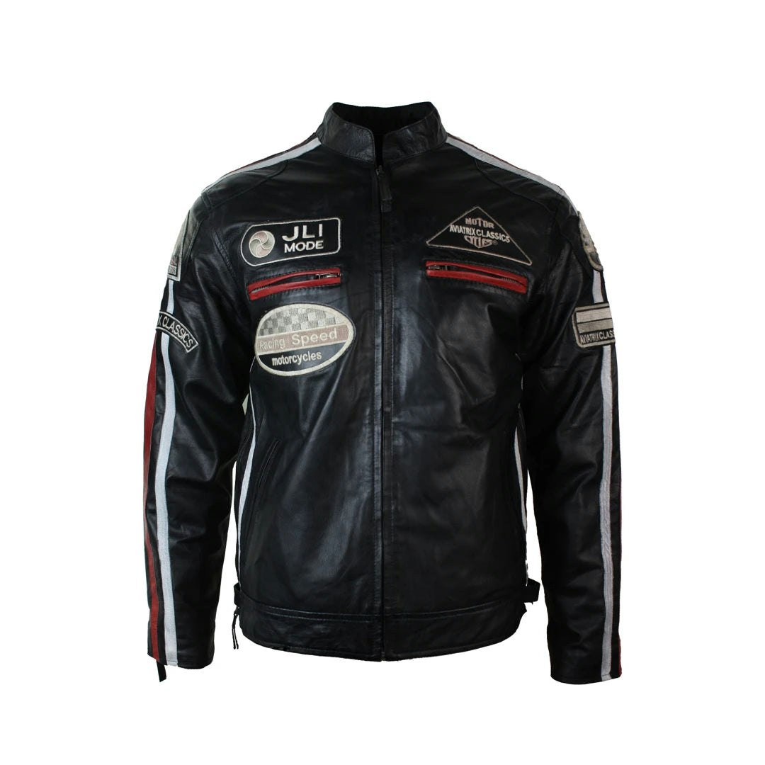 Aviatrix Men's Black Classic Biker Racer Leather Jacket Zipped Badge - 5XL
