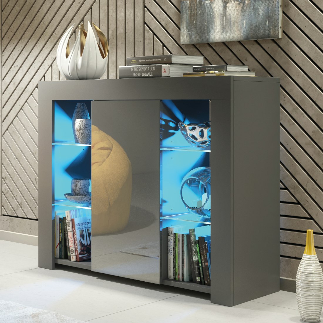 Mex Furniture Grey/Dark Sophisticated 97.5Cm Tv Stand Sideboard – Gloss Door With Free Led - 97.5Cm - Matt Body & Gloss Doors - Mdf/Chipboard