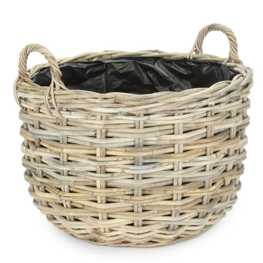 Rackhams Grey Curved Base Rattan Planter With Plastic Lining - Rattan - Large
