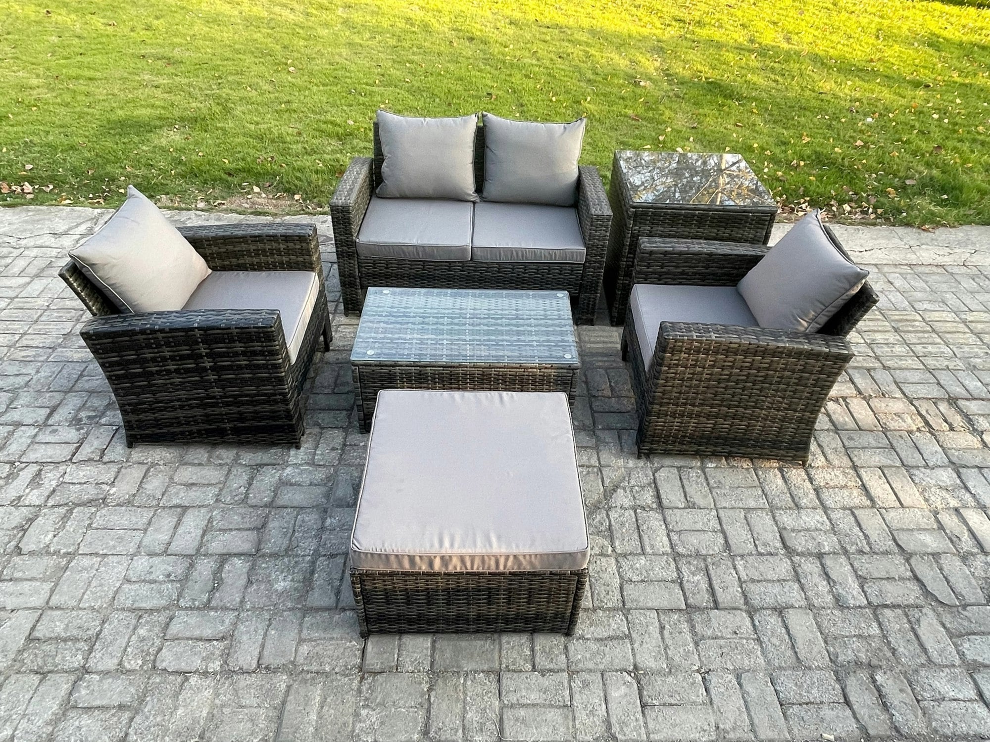Rackhams Dark/Grey Outdoor Lounge Sofa Set - Mixed Pe Wicker Rattan Garden Furniture With Rectangular Coffee Table & Big Footstool