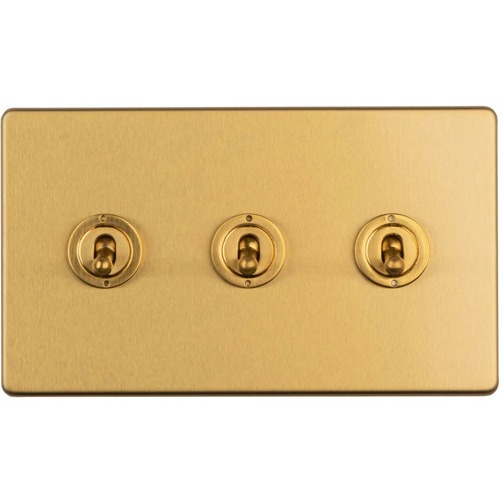 Rackhams Light Gang Triple Retro Toggle Switch Screwless Satin Brass 10A 2 Way Lever Size 3