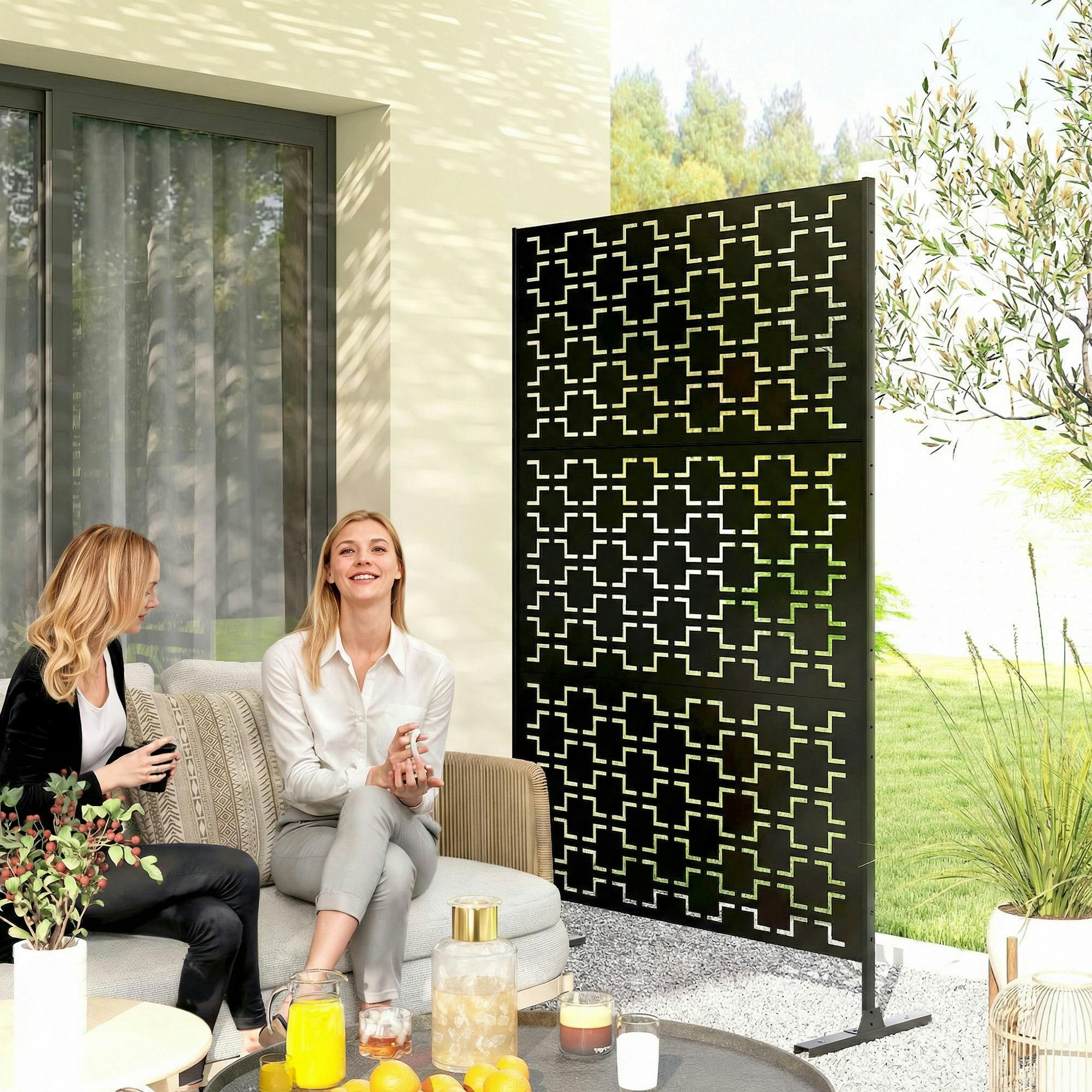 Outsunny Decorative Garden Privacy Screen, 122W x 198H cm, Black | Metal Freestanding Outdoor Divider with Stand, Decorative Privacy Panel, Expansion Screws, Garden Pool Hot Tub - Image 3