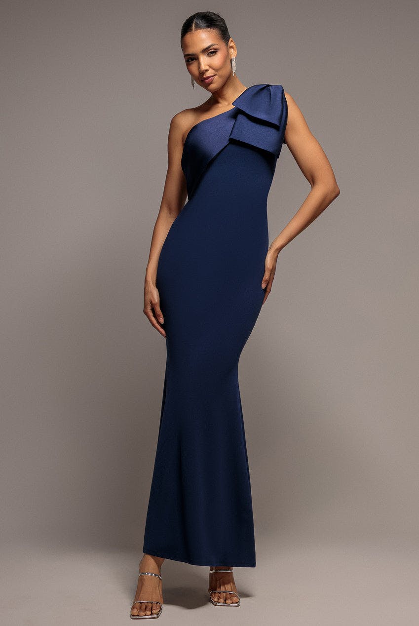 Goddiva Women's One Shoulder Satin Ribbon Scuba Crepe Maxi Dress in Navy | Size: 16 - Image 2