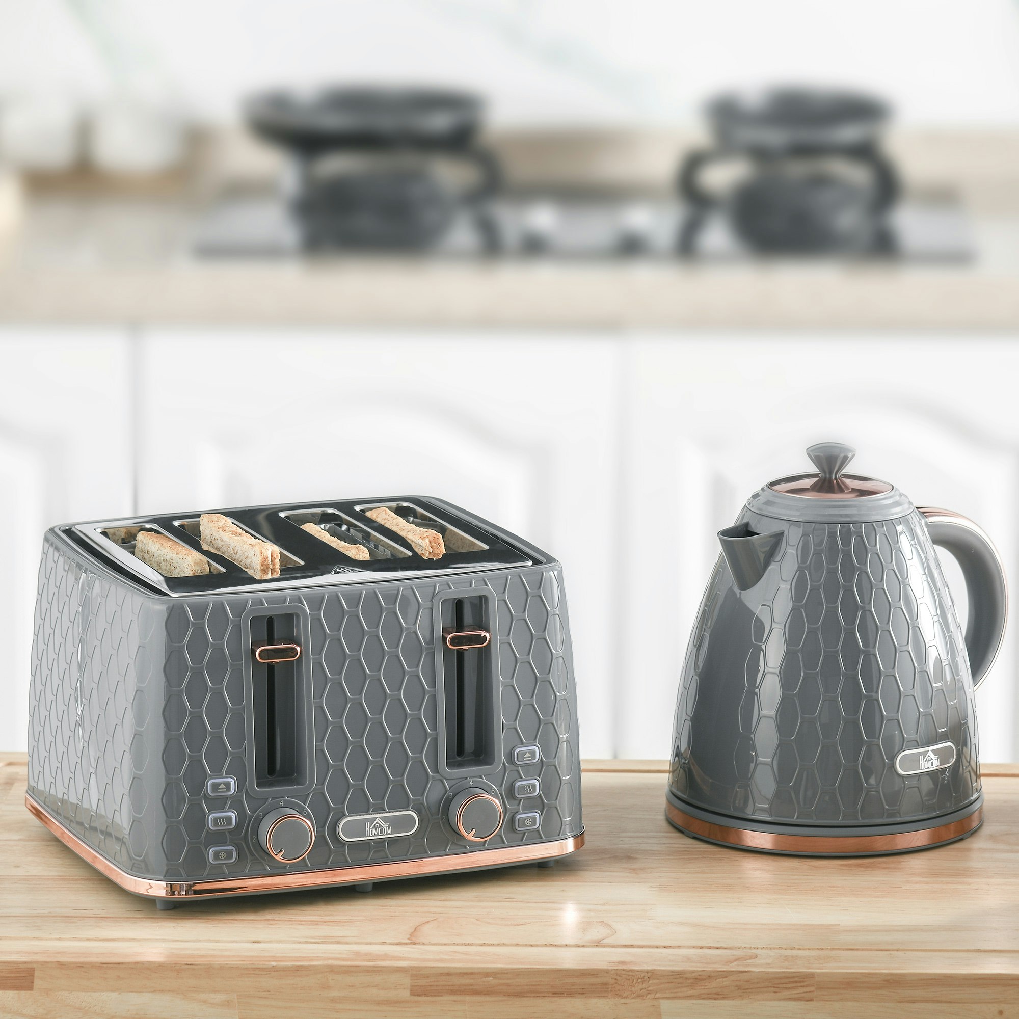 HOMCOM Kettle and Toaster Set 1.7L Jug Kettle 4 Slice Toaster Grey | 3000W, Fast Boil, Auto Shut Off, 7 Level Browning Controls, Crumb Tray, UK Otter Thermostat - Image 4