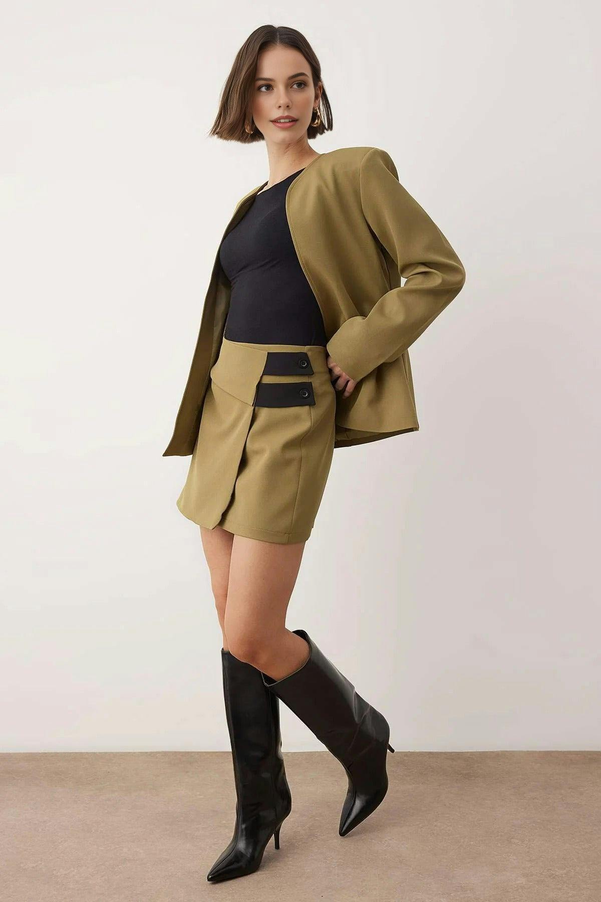 Wovcor A-Line Mini Woven Skirt With Closure Detail - Khaki - 12