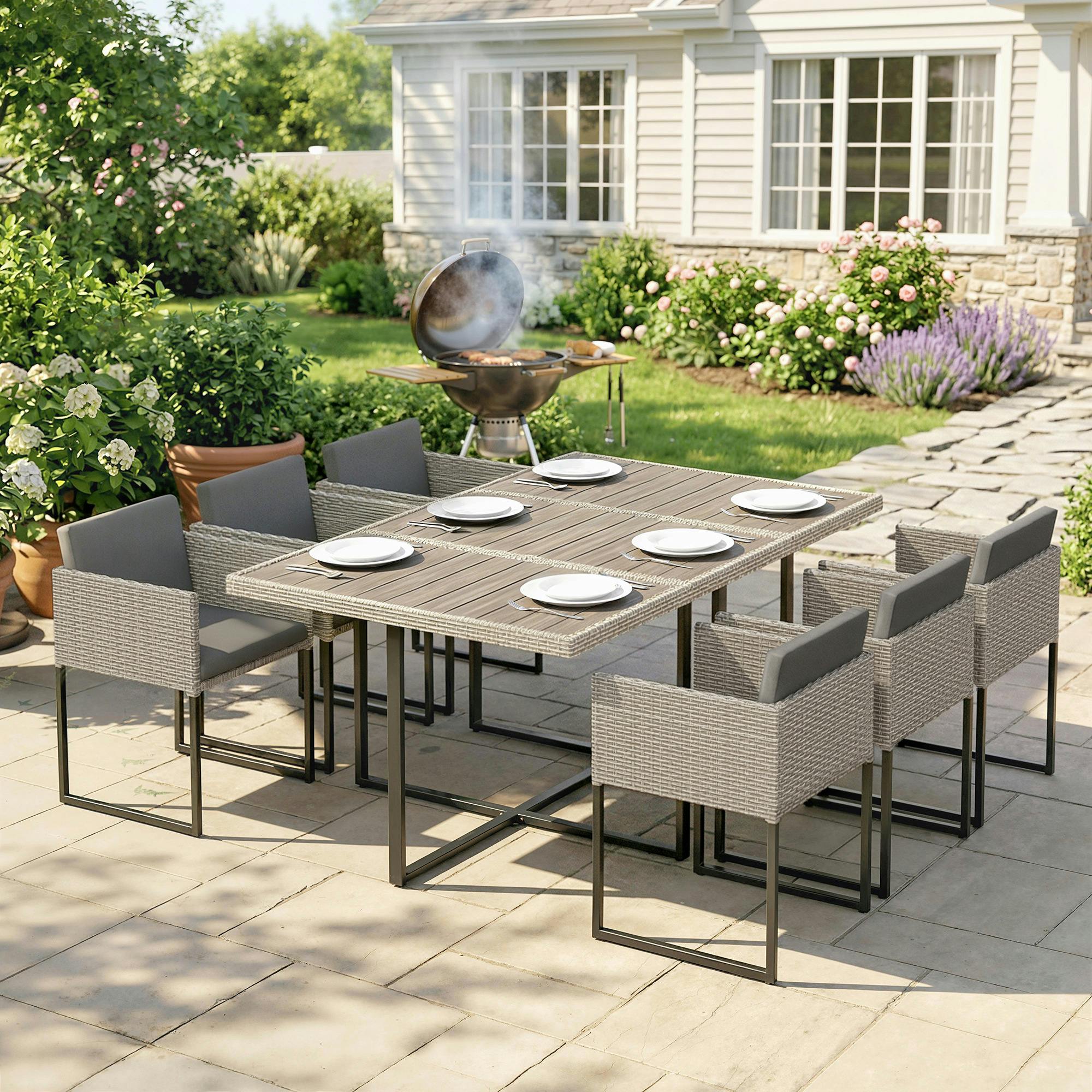 Outsunny Light/Grey/Dark Rattan Garden Furniture Set, Rattan Table And Chairs With Cushions - Table And 6 Chairs