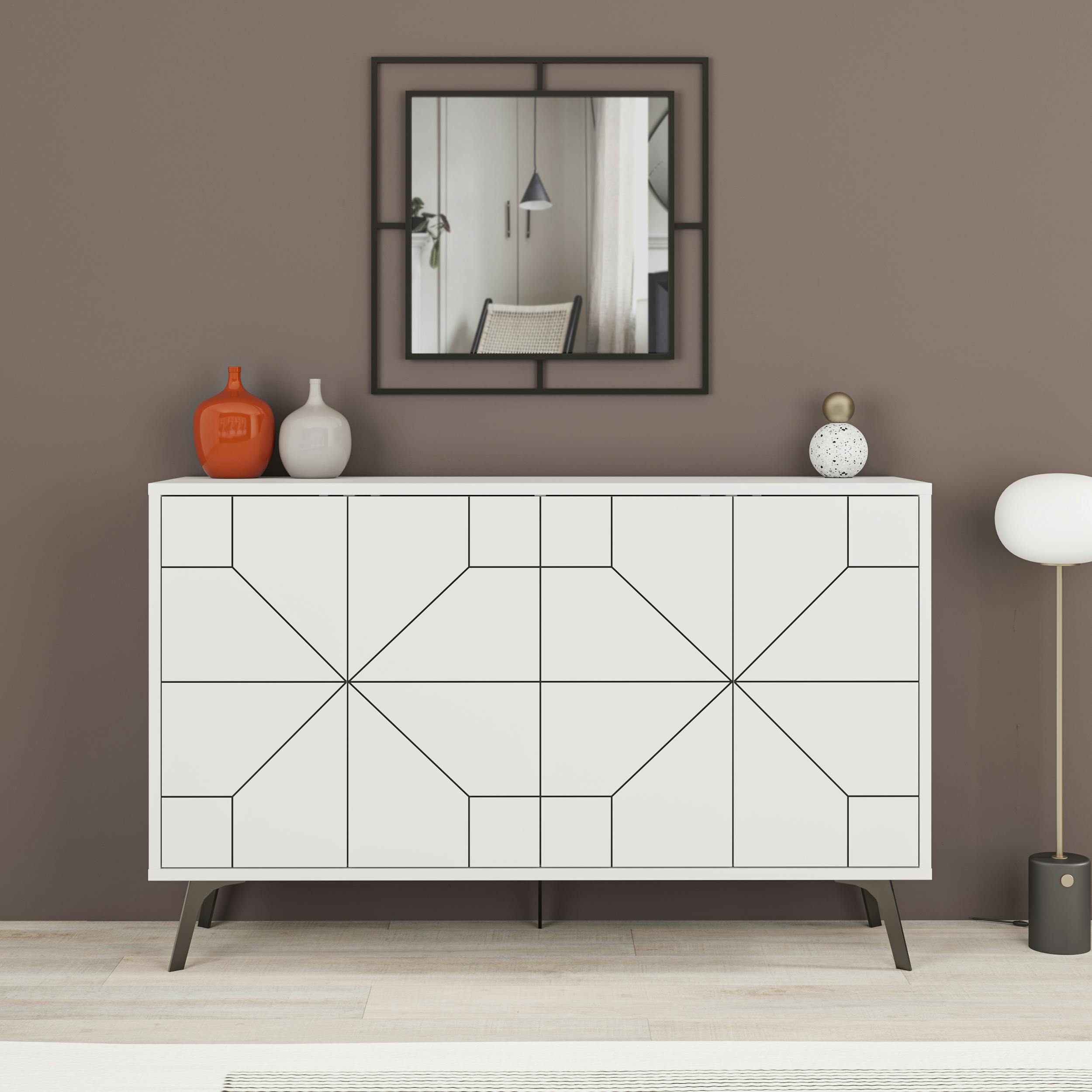 Decortie White Dune Geometric 4 Door Sideboard With Metal Legs (W) 123Cm