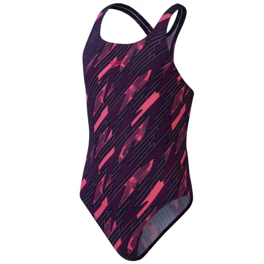 Speedo Girls Pink Hyperboom Allover Medalist Swimsuit - Navy/ - Age 5-6