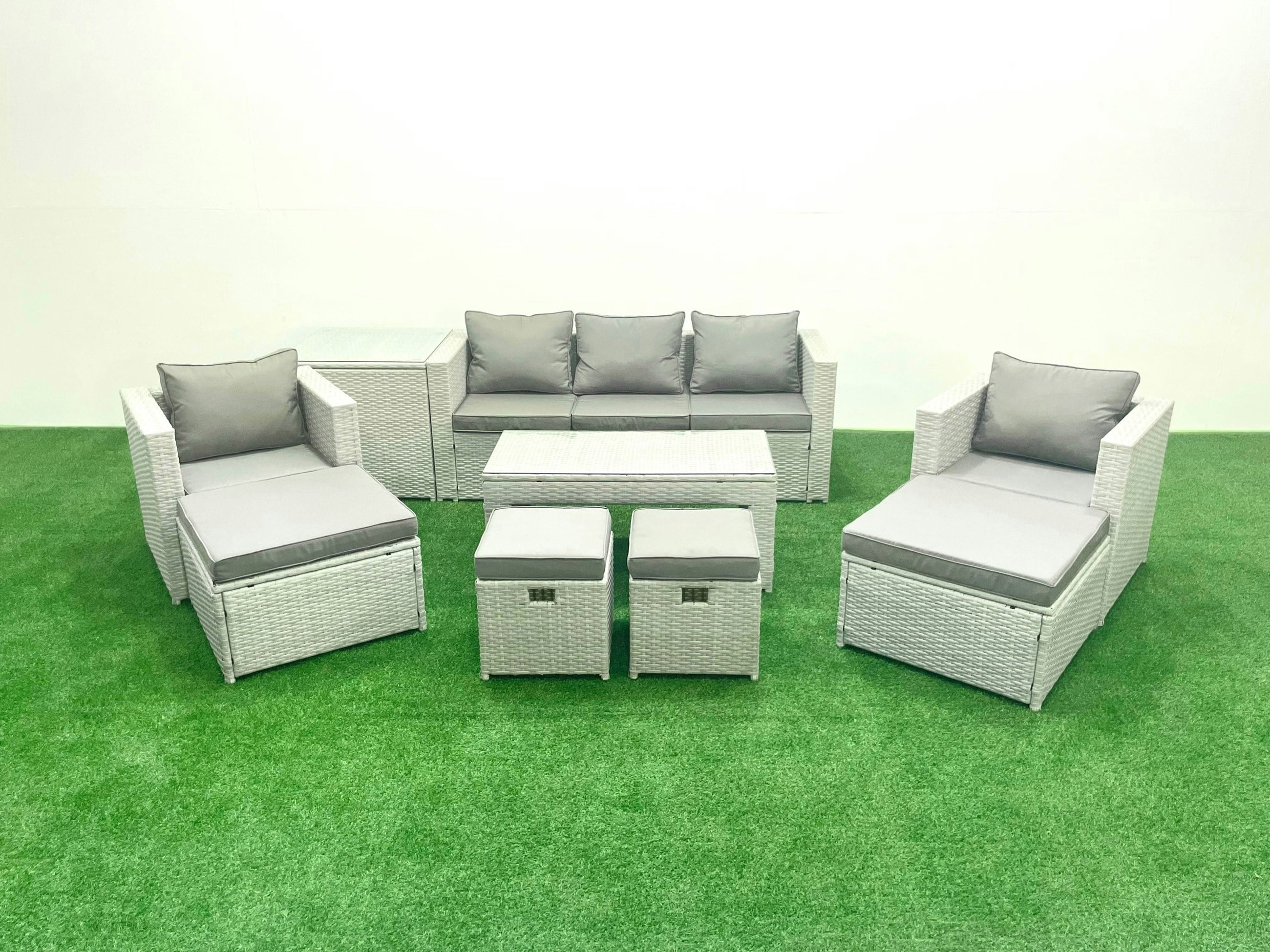Rackhams Grey Outdoor Rattan Garden Furniture Set With Cushions Luxury 9 Seater With 2 Chairs And Coffee Table For Conservatory,Patio