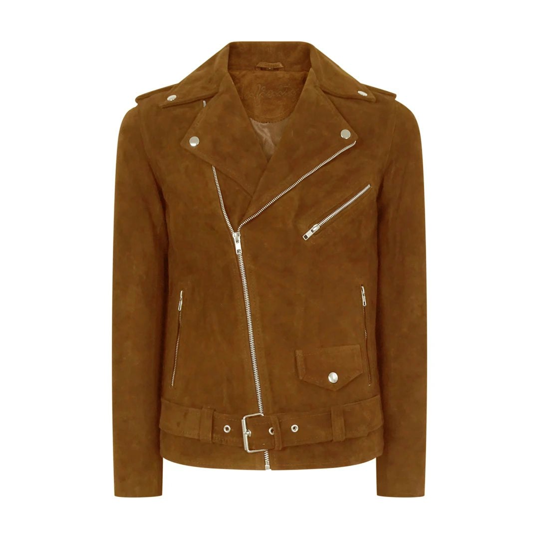Infinity Leather Men's Brown Cross Zip Brando Washed Suedejacket Tan Camel - Camel - 4XL