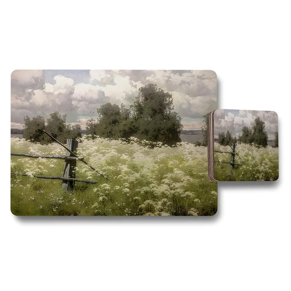 Rackhams White Pastoral Wildflower Field Landscape Placemat And Coaster Set