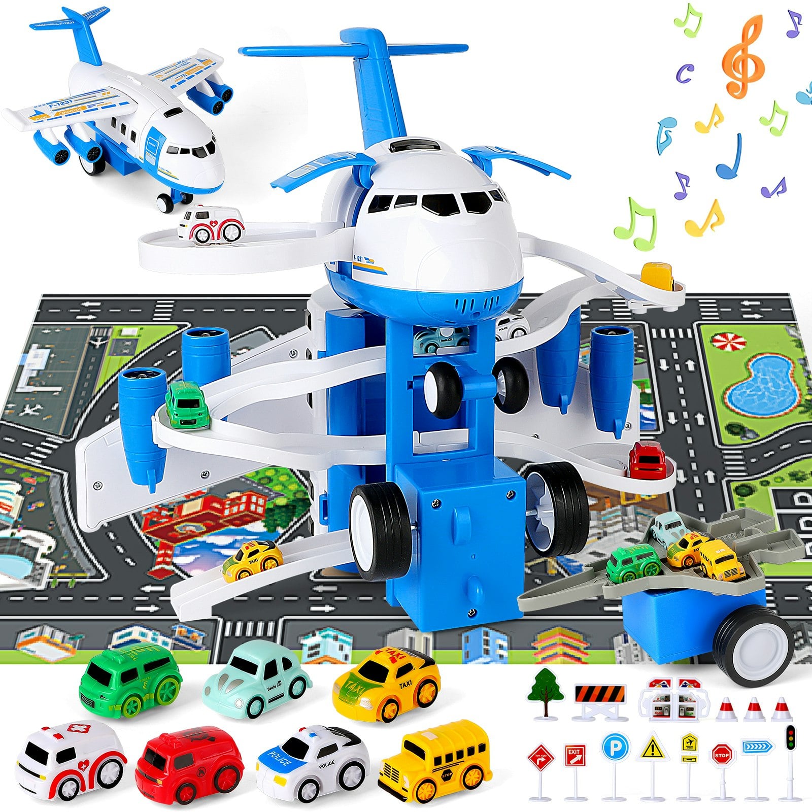 Deao Toys Blue/White Transport Cargo Airplane Car Toy Play Set - 3+ - Toy Plane - &