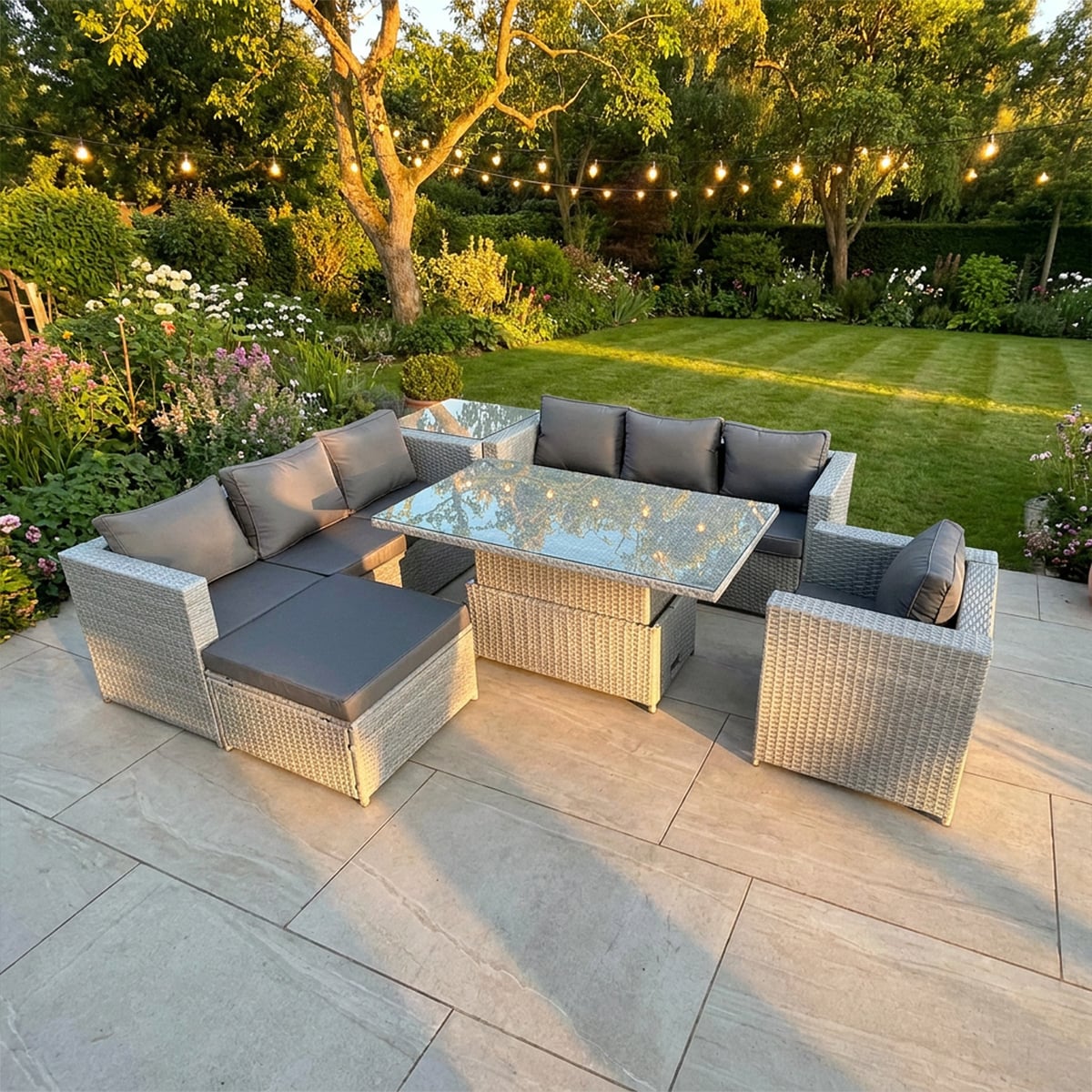 Rackhams Light/Grey 8 Seater Rattan Garden Furniture Set With Adjustable Rising Table, 2 Sofas, Side Table, Chair & Footstool