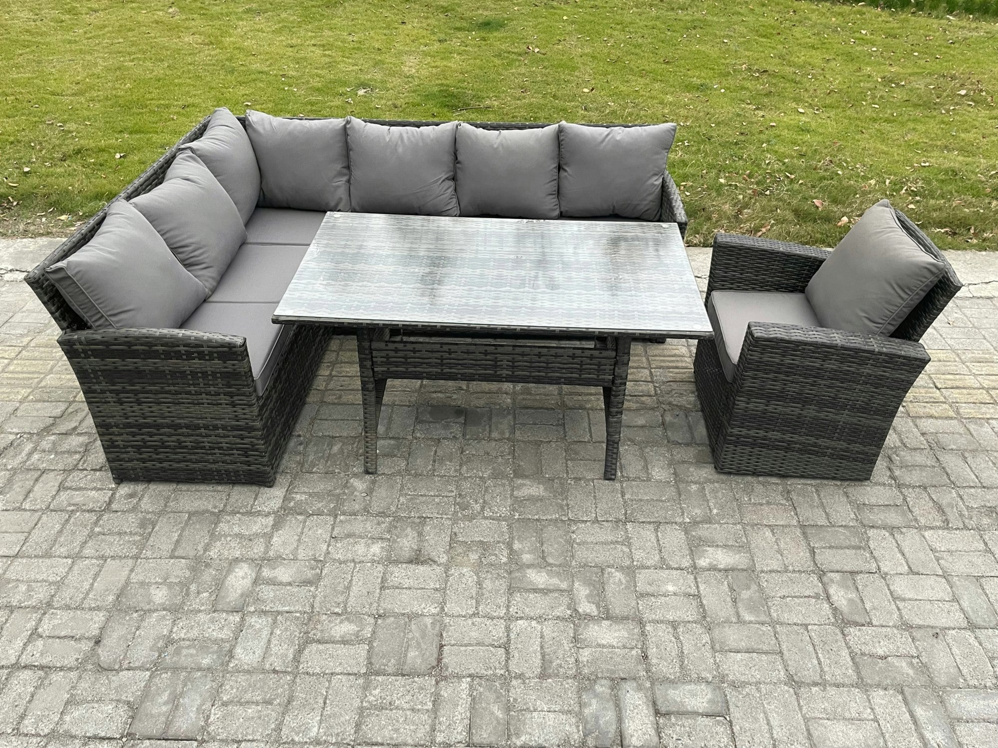 Fimous Dark/Grey Outdoor Rattan Garden Furniture Corner Sofa Set With Rectangular Dining Table Armchair Patio Wicker Rattan Set Mixed