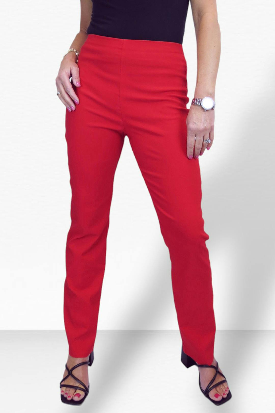 Paulo Due Women's Red Pull On Stretch Straight Leg Trousers - 22