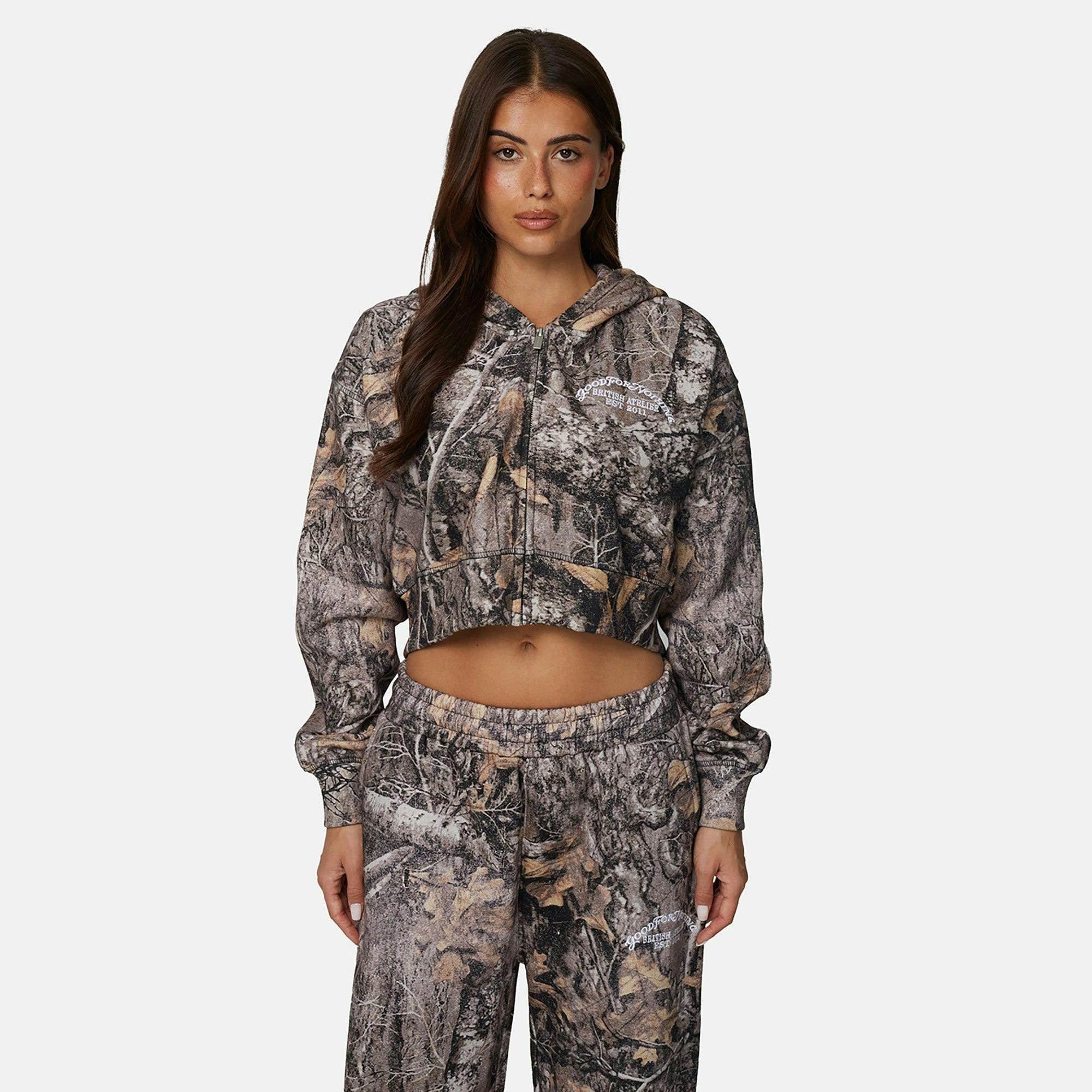 Good For Nothing Brown Cropped Oversized Camo Zip Hoodie - Xs