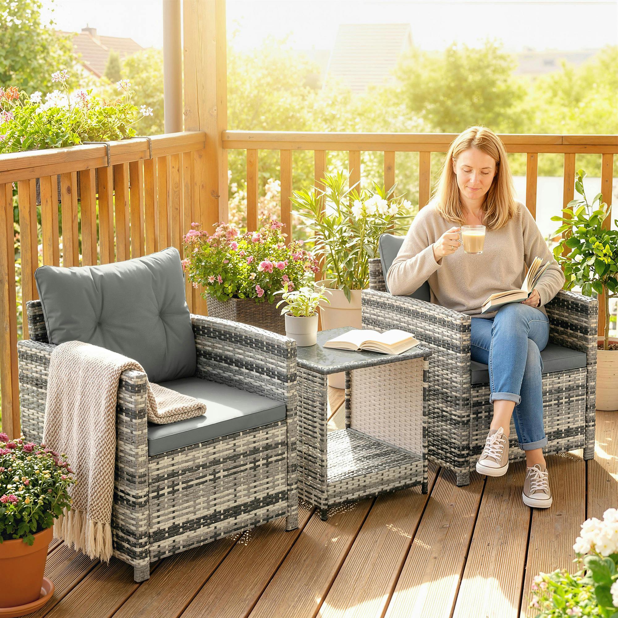 Outsunny Grey Rattan Garden Furniture Bistro Set With Cushion, Mixed - Not Applicable - Pe Rattan, Steel, Polyester, Glass - Mixed