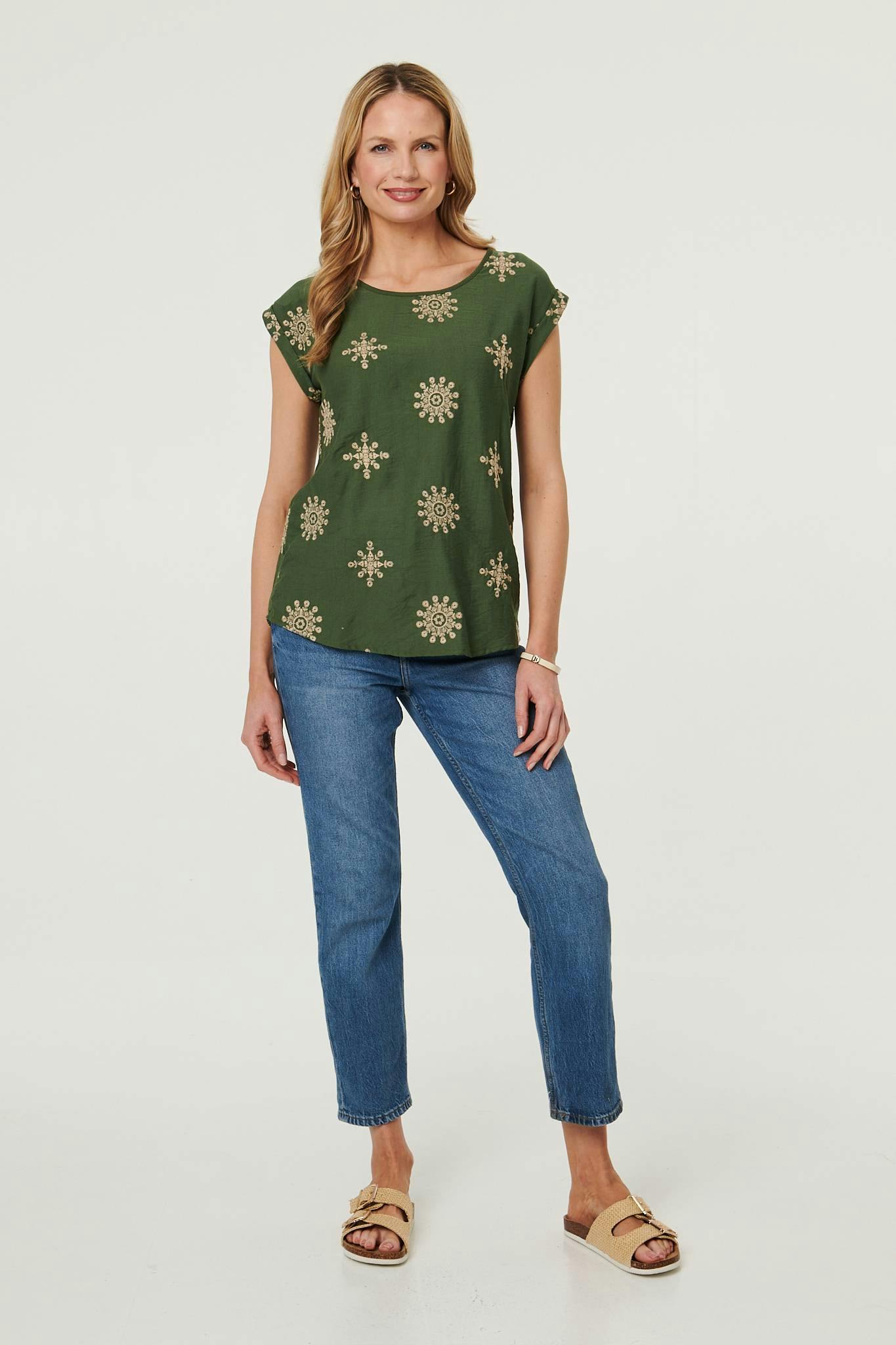 Izabel London Printed Cap Sleeve Slim Relaxed Top - 14 - Khaki