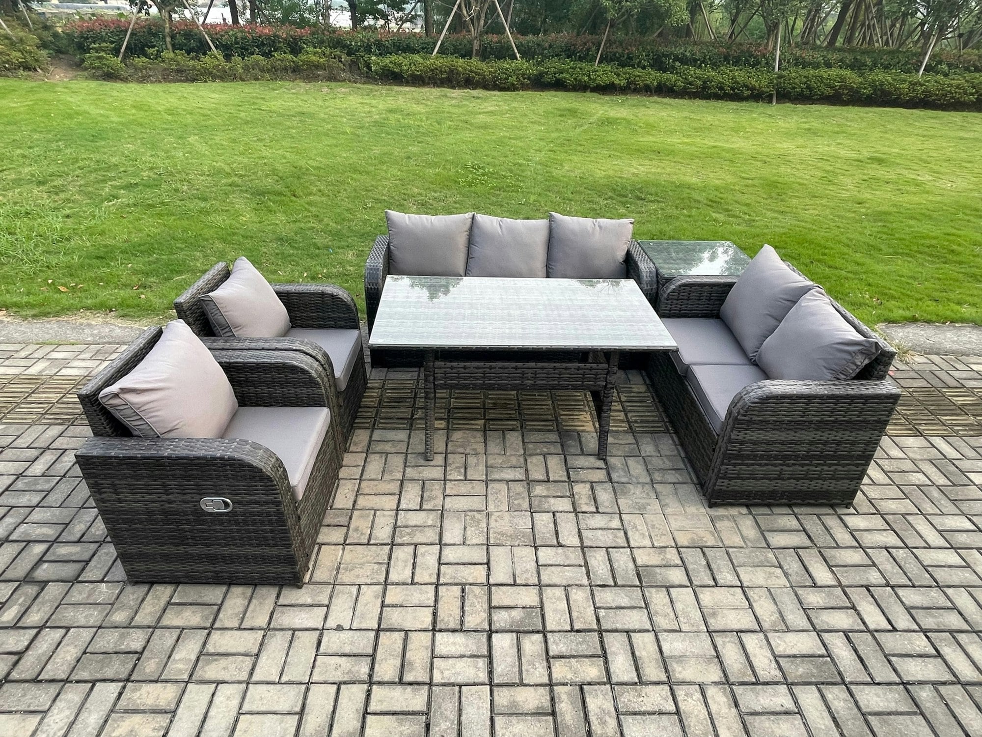 Fimous Dark/Grey 7 Seater Rattan Outdoor Dining Set - Reclining Chair, Loveseat, 2-Seater Sofa & Rectangular Dining Table