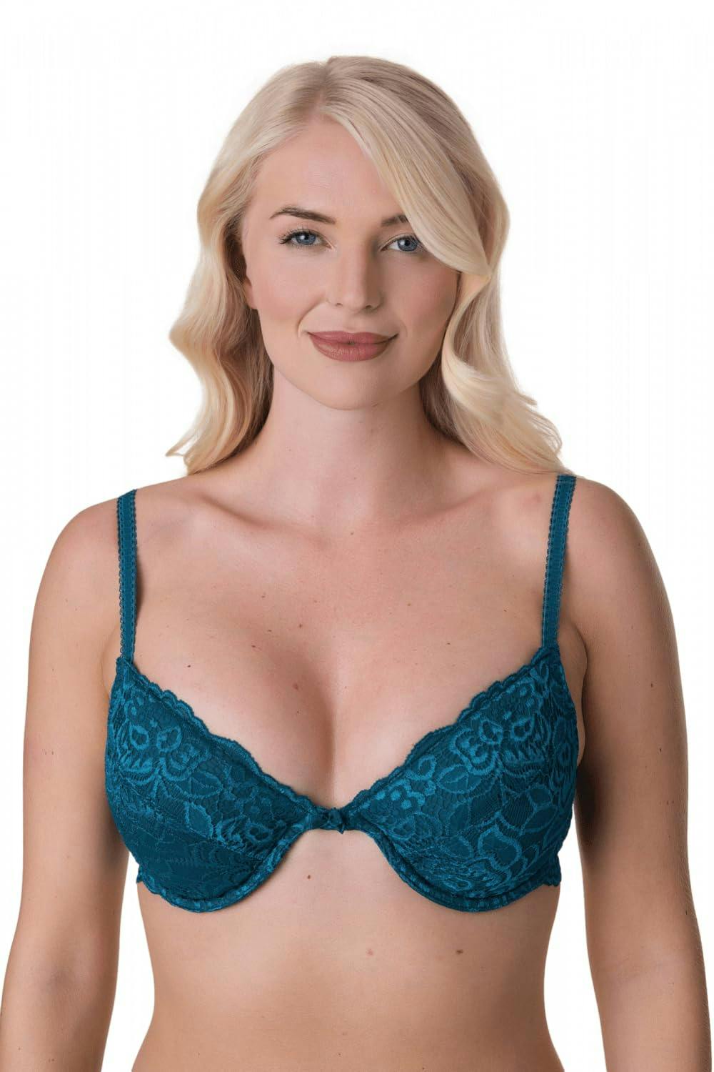 Camille Women's Green Underwired Bra Teal Floral Lace Padded Cup Lingerie - Teal - 38B
