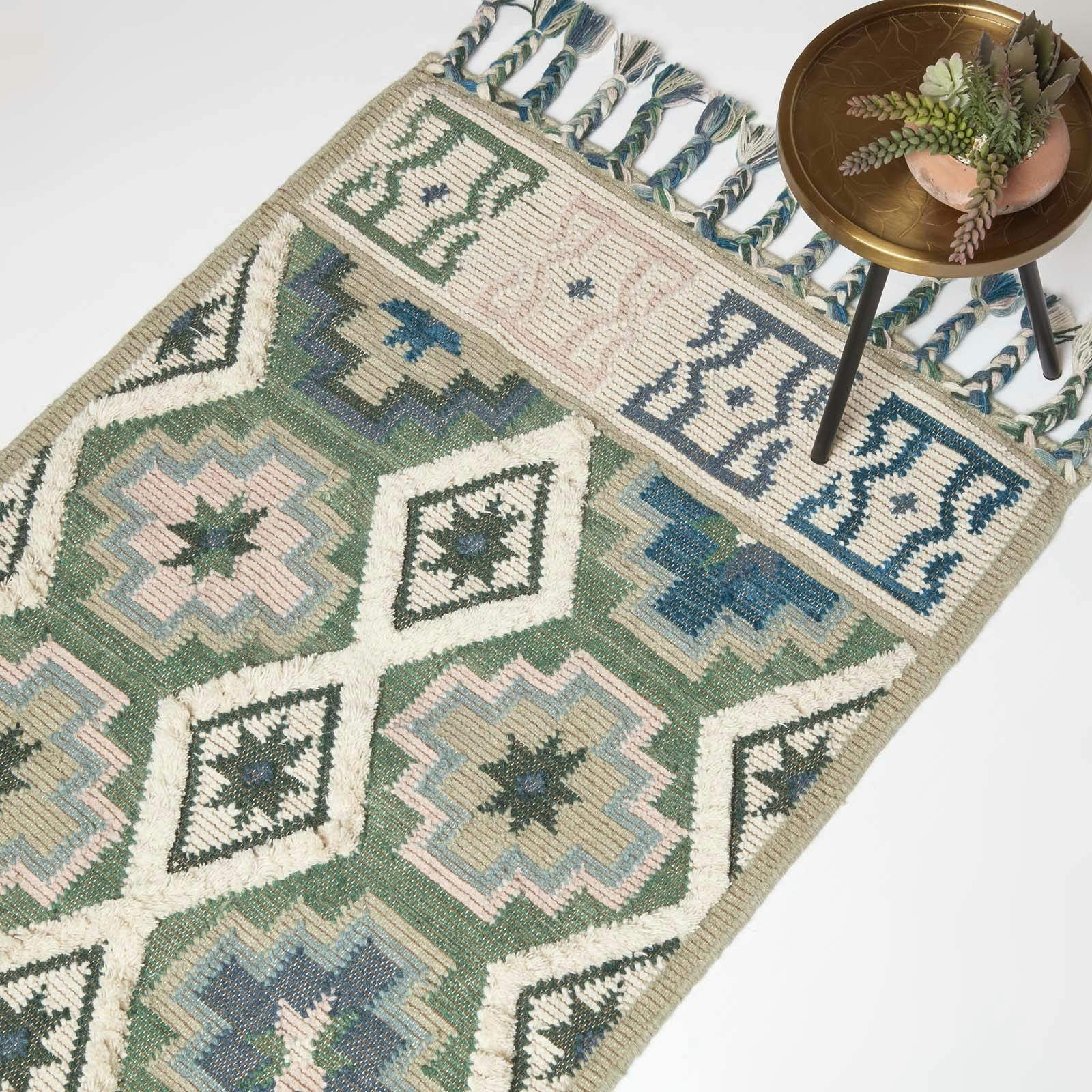 Homescapes Green/Blue Matala & Kilim Wool Rug - 120 X 170 Cm