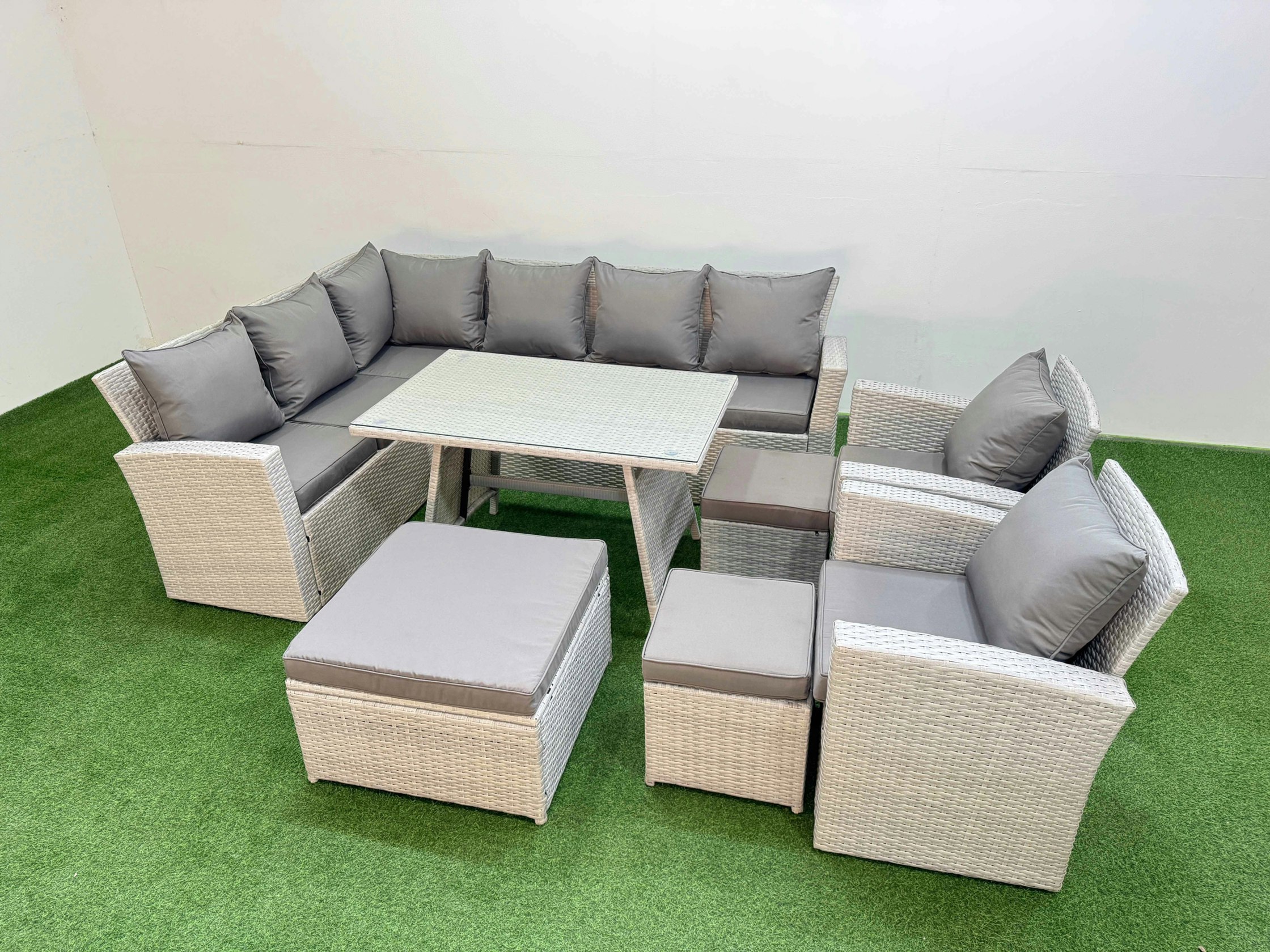 Rackhams Light/Grey Garden Outdoor Rattan Furniture Set Rattan Corner Sofa Oblong Dining Table With 2 Armchairs 3 Footstools Mixed 11 Seater