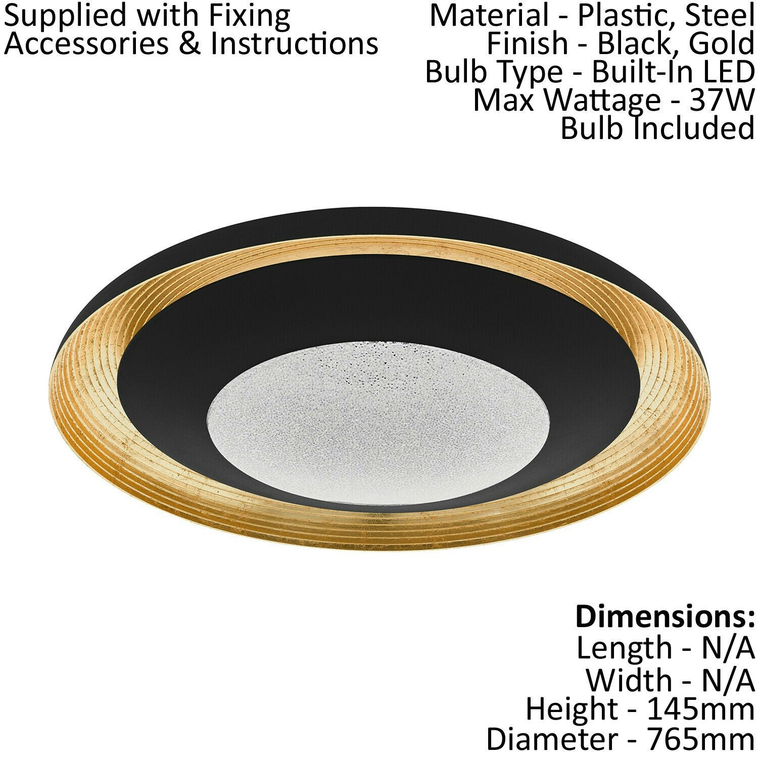 Rackhams Light/Black/Gold Flush Ceiling Shade Transparent Plastic With Granille Led 37W Size 37