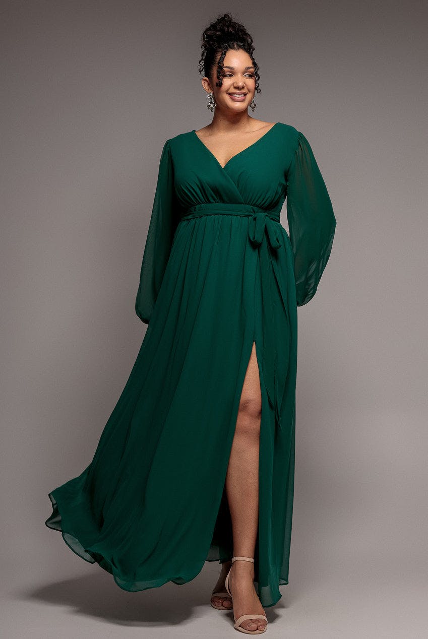 Goddiva Plus Green Wrap Back With Front Slit Chiffon Maxi Dress - Emerald By - 22