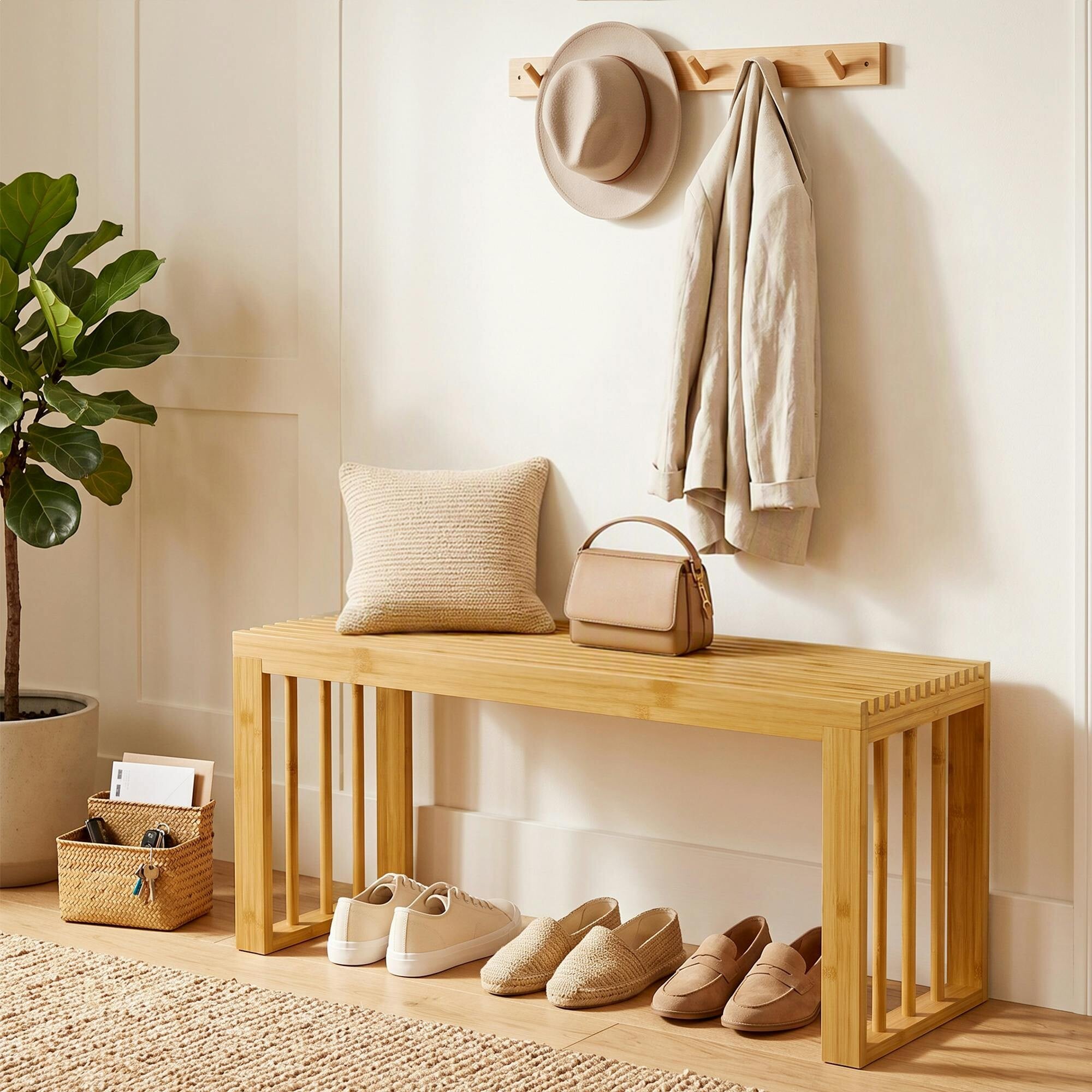 Homcom Unisex Natural 90 Cm Bamboo Shoe Bench, Backless Hallway Bench Seat, - Image 4