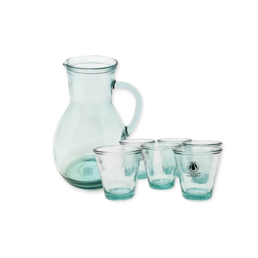 Verano Spanish Ceramics Classic Pitcher - Pitcher & 6 Tumblers Together - Recycled Glass