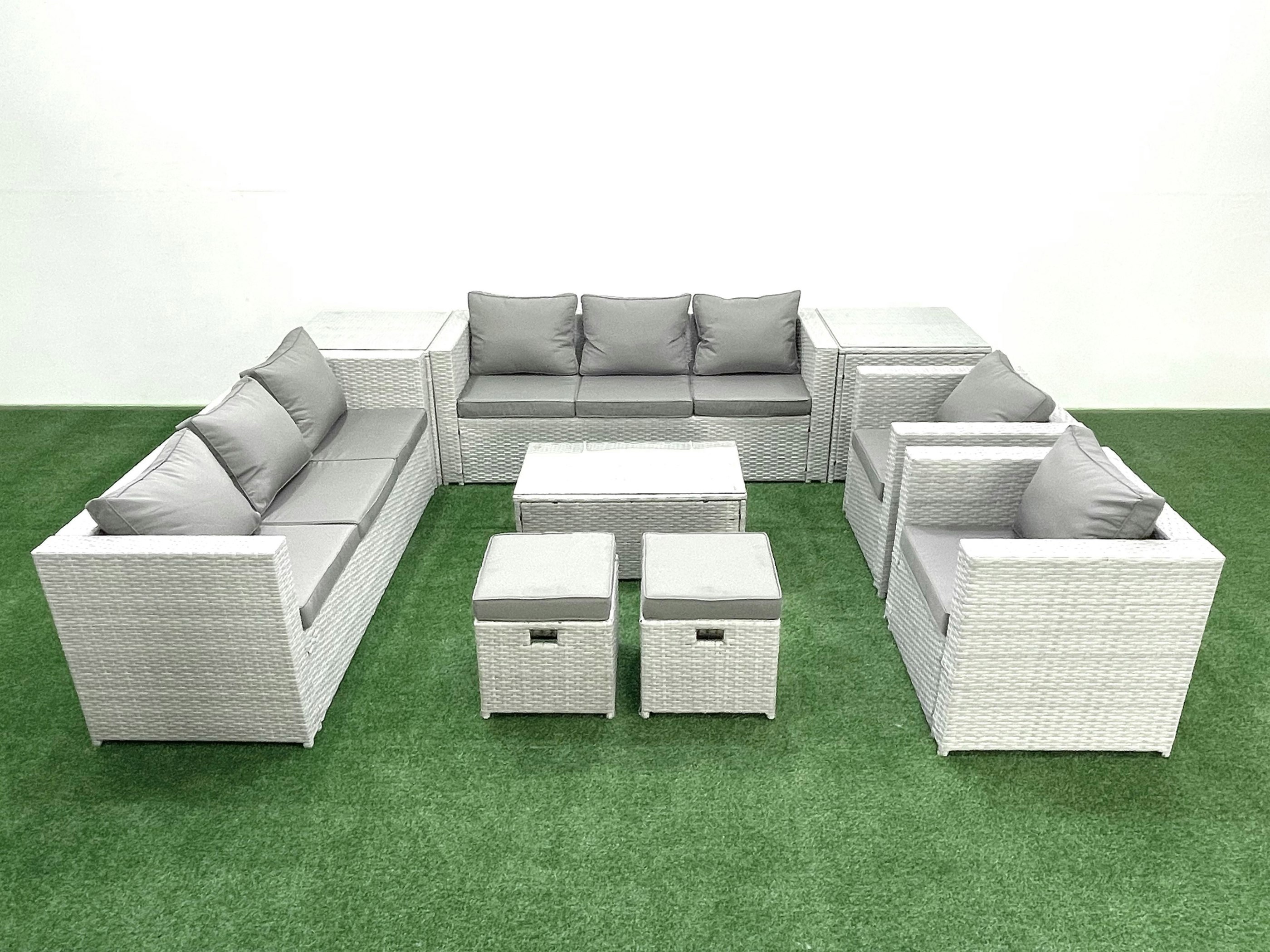 Fimous Light/Grey Outdoor Rattan Sofa Garden Furniture Set With 2 Armchairs Oblong Coffee Table 2 Small Footstools 2 Side Tables Mixed