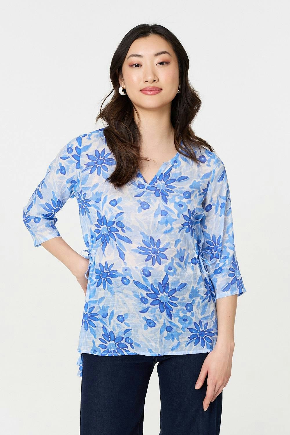 Izabel London Blue Floral 3/4 Sleeve Tie Detail Blouse - 10