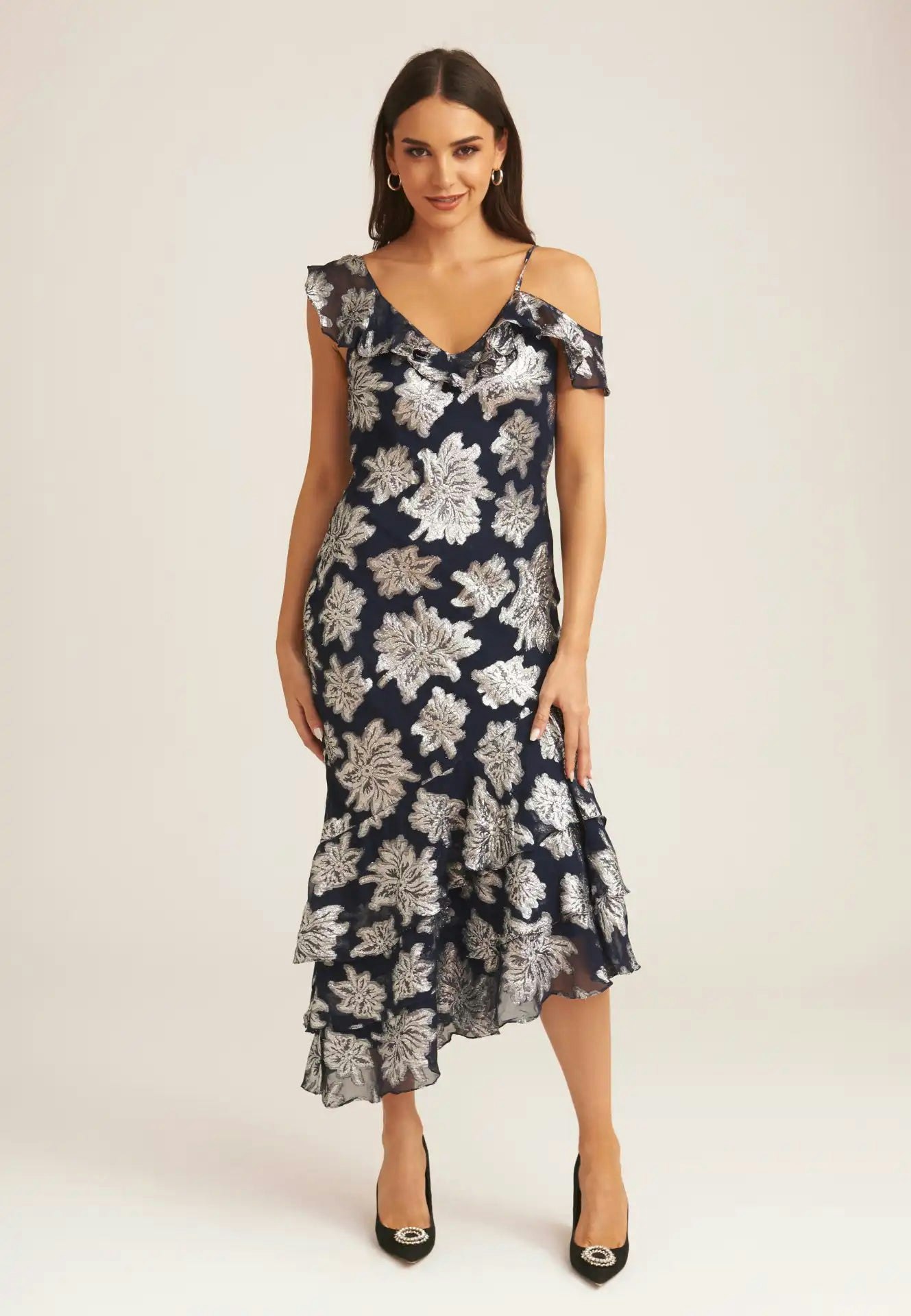 Gini London Navy Floral Clipped Tiered Ruffle Midi Dress - Uk 8 / Us 4 / Eu 36